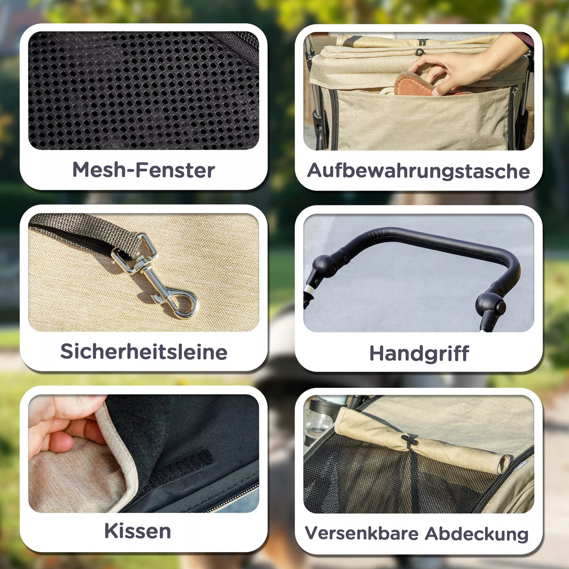 Vežimėlis šunims, lengvas ir sulankstomas transportavimo vežimėlis mažiems šunims, skalbiama pagalvėlė, tinklelio langas, Khaki