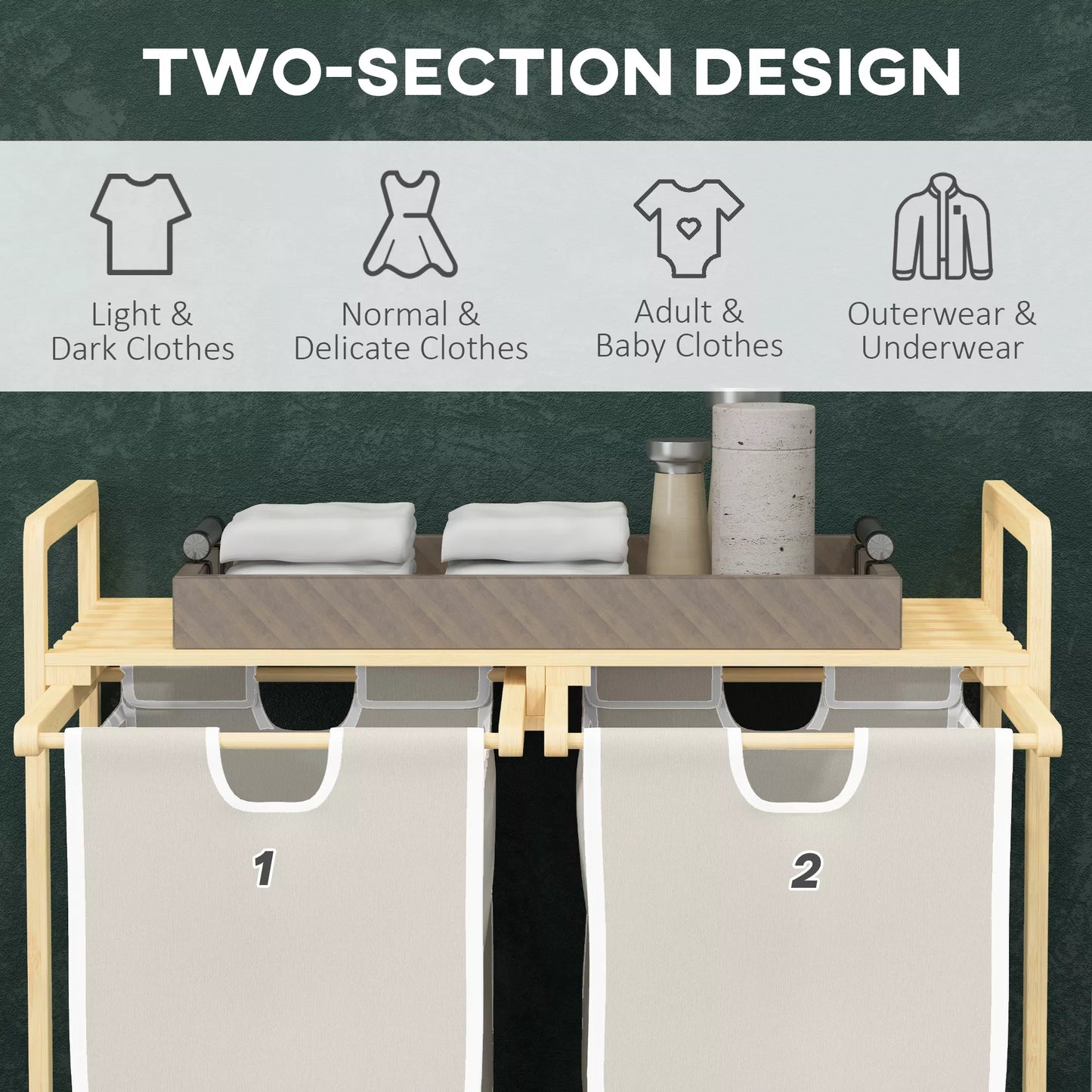 Skalbinių krepšys su 2 skalbinių maišais, 1 lentyna, bambukas, 63,5 cm x 33 cm x 73 cm, šviesiai pilka + natūrali