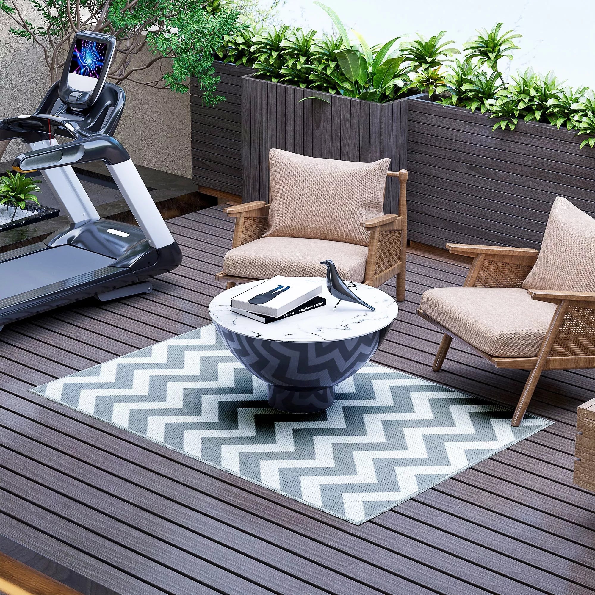 Lauko kilimas, neperšlampamas, dvipusis dizainas, aukštos kokybės plastikinės pluošto gijos, šviesiai pilkos ir baltos spalvos, 121 x 182 cm