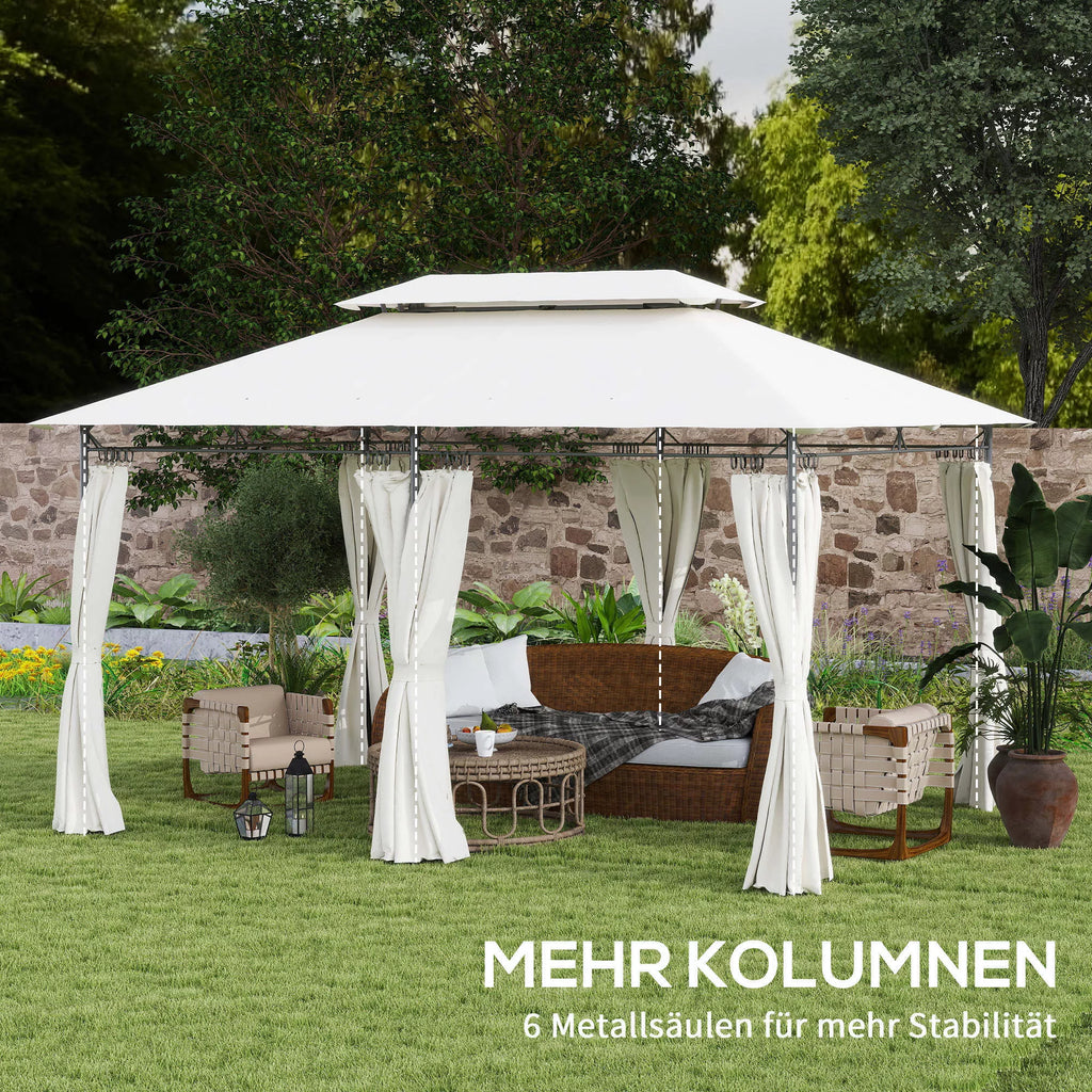 Sodo paviljonas, pavėsinė su 6 šoninėmis sienelėmis ir dvigubu stogu komplektas, plienas ir poliesteris, 4x3 m, kreminė balta