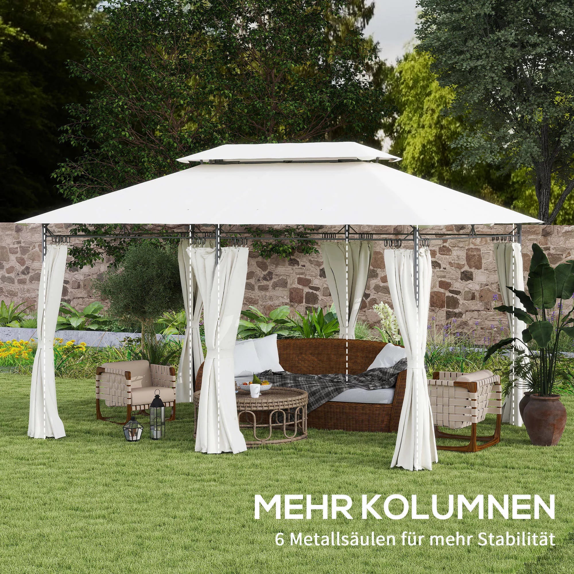 Sodo paviljonas, pavėsinė su 6 šoninėmis sienelėmis ir dvigubu stogu komplektas, plienas ir poliesteris, 4x3 m, kreminė balta