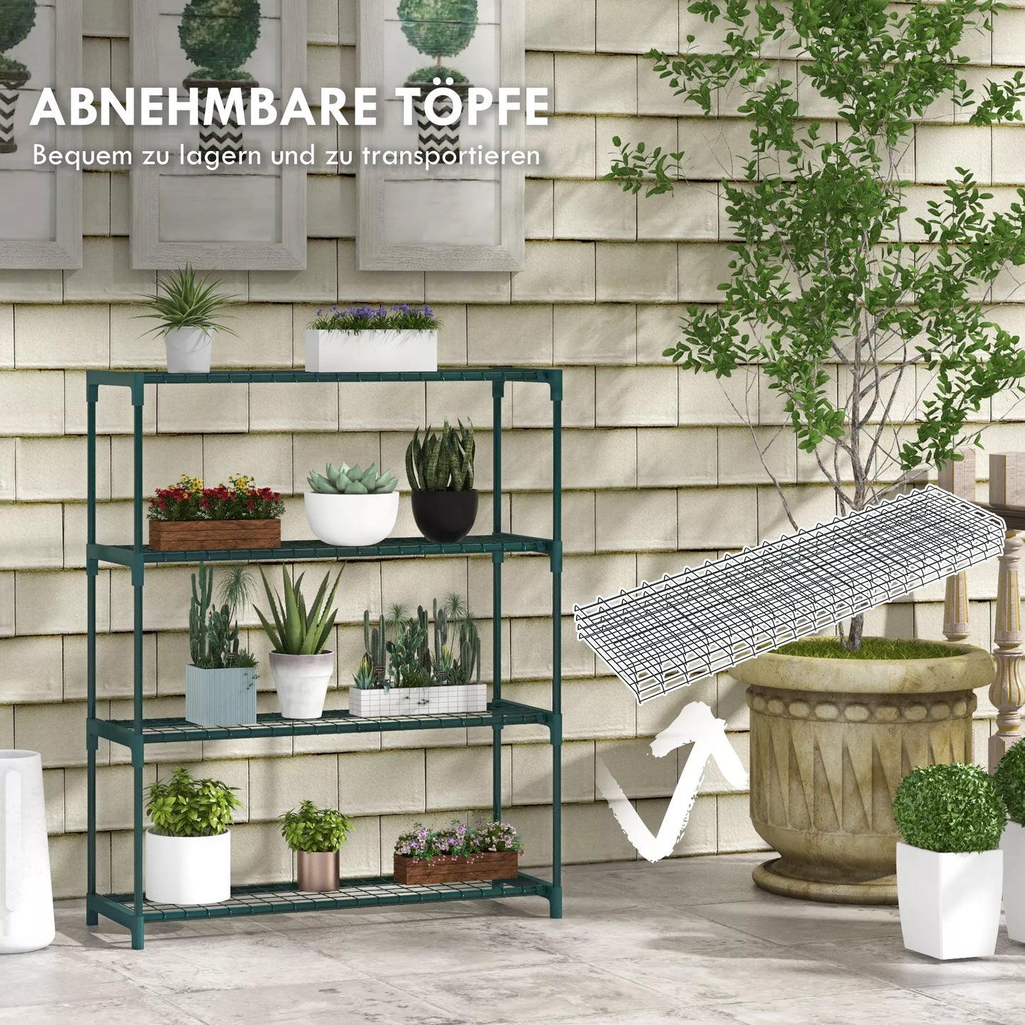 Augalų lentynos Gėlių laiptai Augalų laiptai, 4 lentynos, 89 cm x 28 cm x 107 cm, tamsiai žalios spalvos