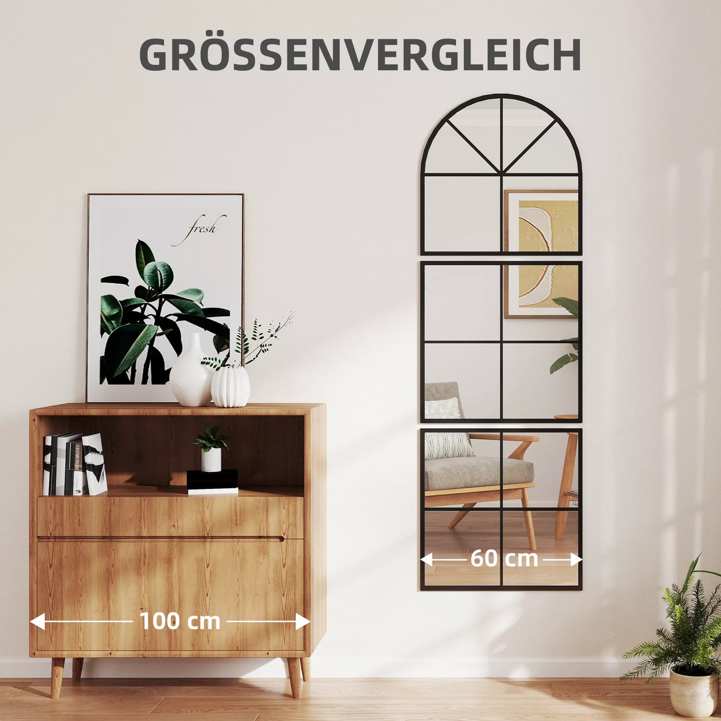 Trivietis sieninis veidrodis, lanko formos veidrodis su metaliniu rėmu, dekoratyvus 60 x 2 x 180 cm Juodas