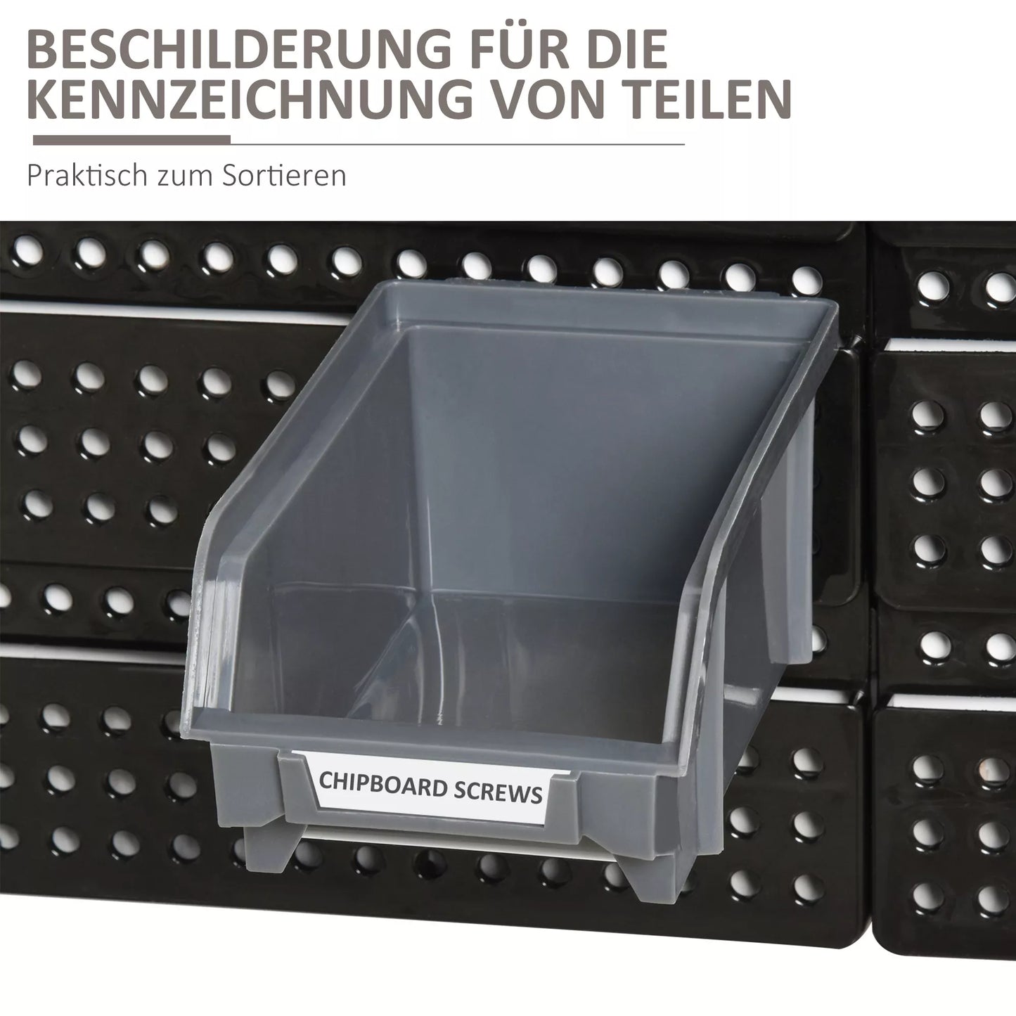 Sandėliavimo sistemos sieninė lentyna su sukraunamomis dėžutėmis, 30 dėžučių, 2 perforuotos plokštės, 37,5 cm x 18 cm x 63 cm, Raudona + Pilka + Juoda