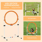 Oranžinis agility lankas su šunimi ir naudojimo scenomis