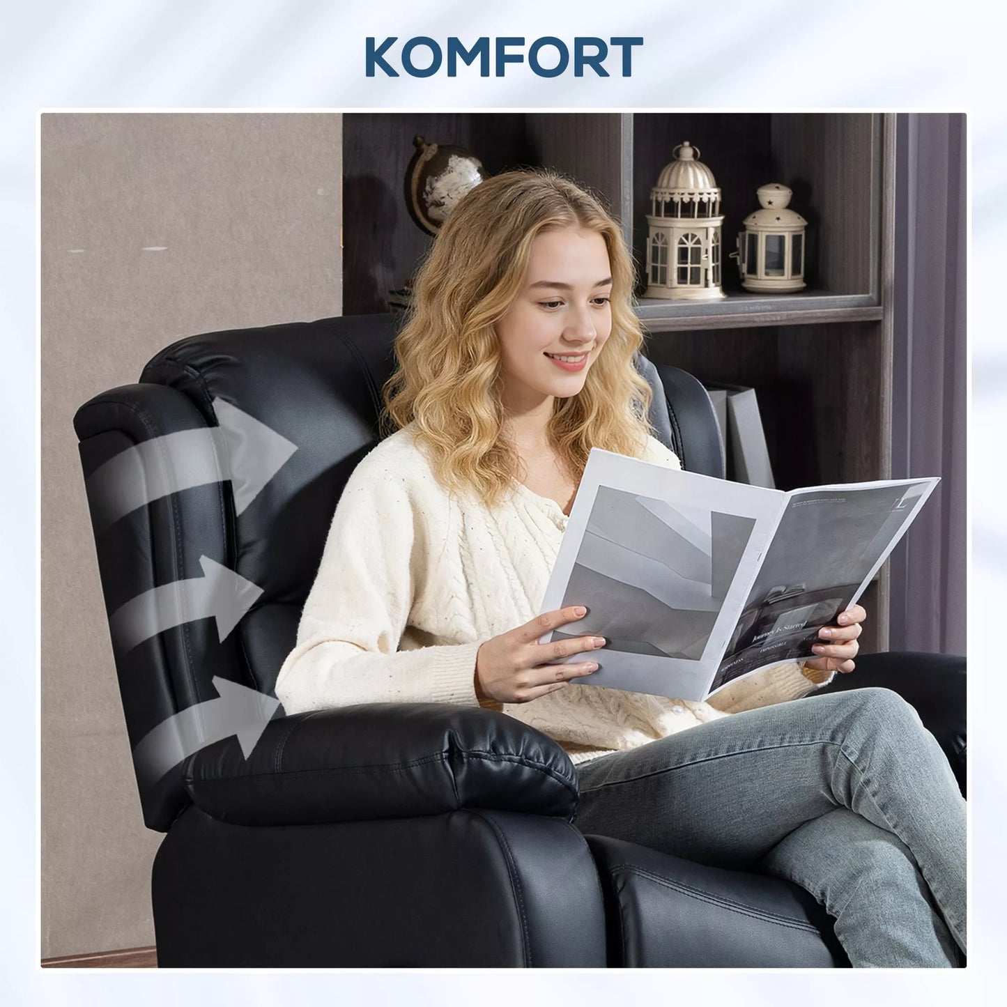 Masažinis krėslas, šildymo ir atlošimo funkcija, dirbtinė oda, iki 150 kg, 97x92x104 cm, juodas