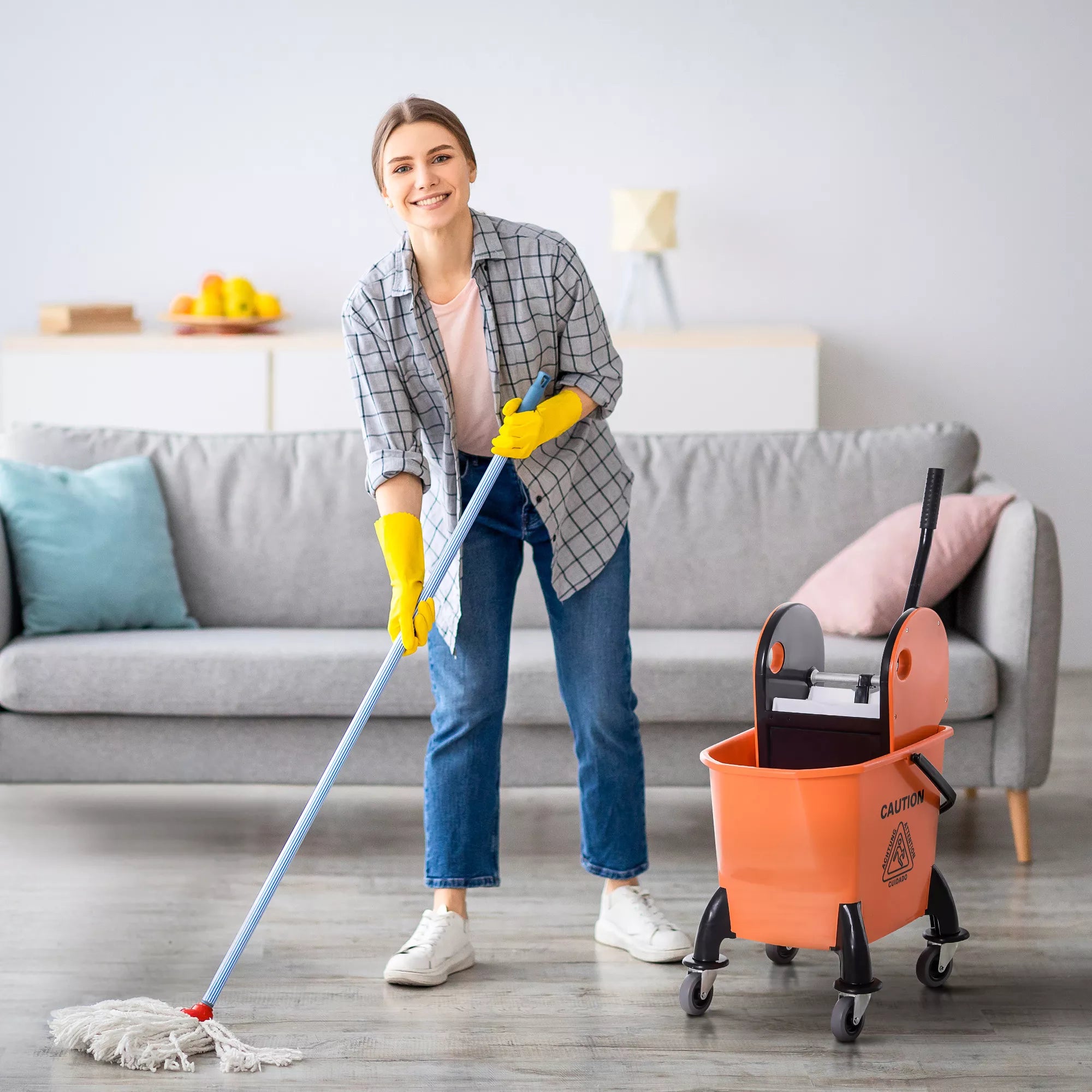 Ratinis valymo kibiras, šluotos kibiras, šluotos presas, 26 l, plastikinis, oranžinis