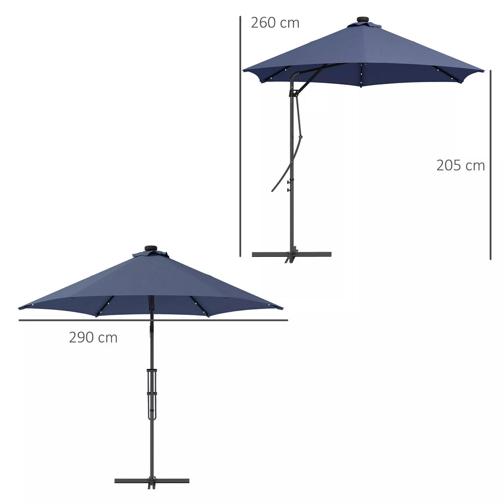 Sodo skėtis, pakabinamas skėtis, LED lemputės, saulės baterija, atsparus atmosferos poveikiui, su apsauginiu apvalkalu, Ø290 x 260 cm, tamsiai mėlynas