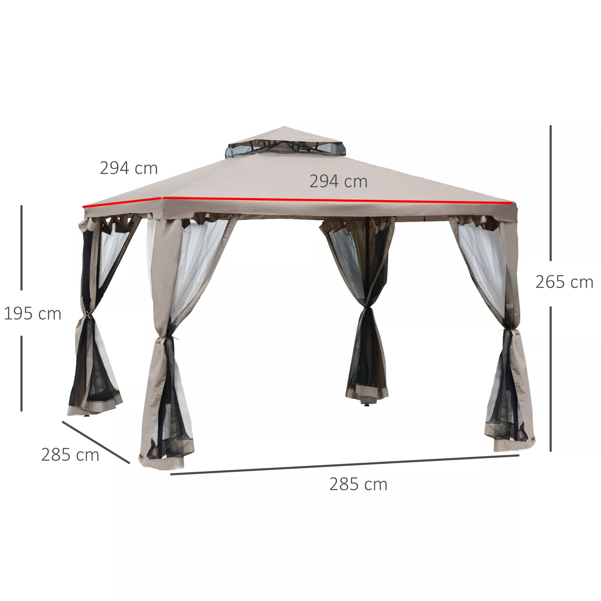 Sodo paviljonas Paviljonas Sodo palapinė Šventinė palapinė Vakarėlių palapinė su 4 x šoninėmis sienomis, atspari oro sąlygoms Metalas + poliesteris Pilka 2,94 x 2,94 x 2,65 m
