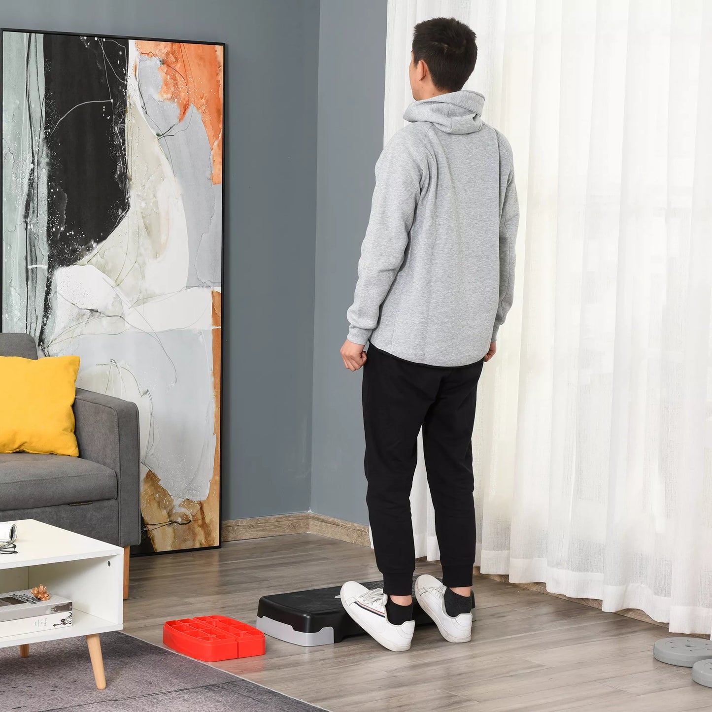 Aerobikos steperis, 2 pakopų aukščio reguliavimas, 68 x 28 x 15 cm, juodas + pilkas + raudonas