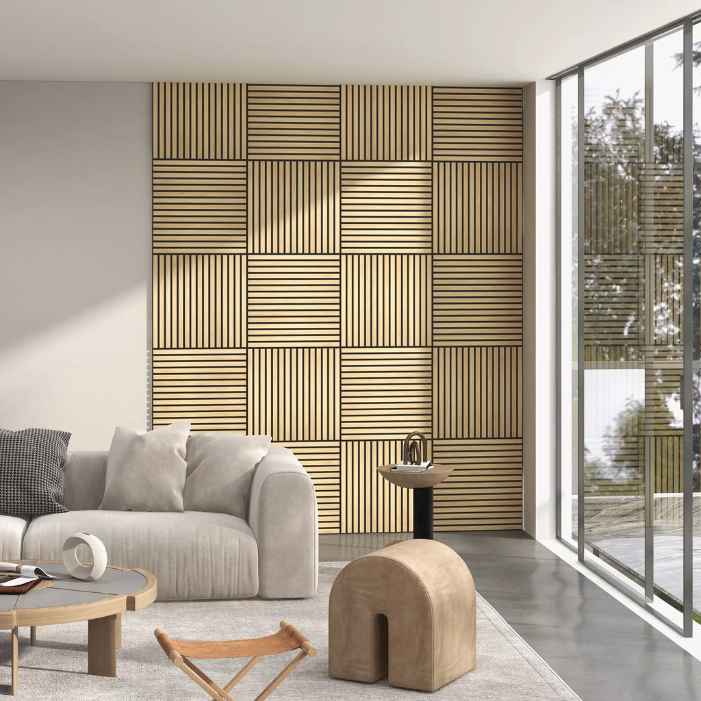 Akustinė plokštė, garso sugėrimas, DIY lamelių siena, MDF ir poliesteris, paprastas montavimas, ąžuolas
