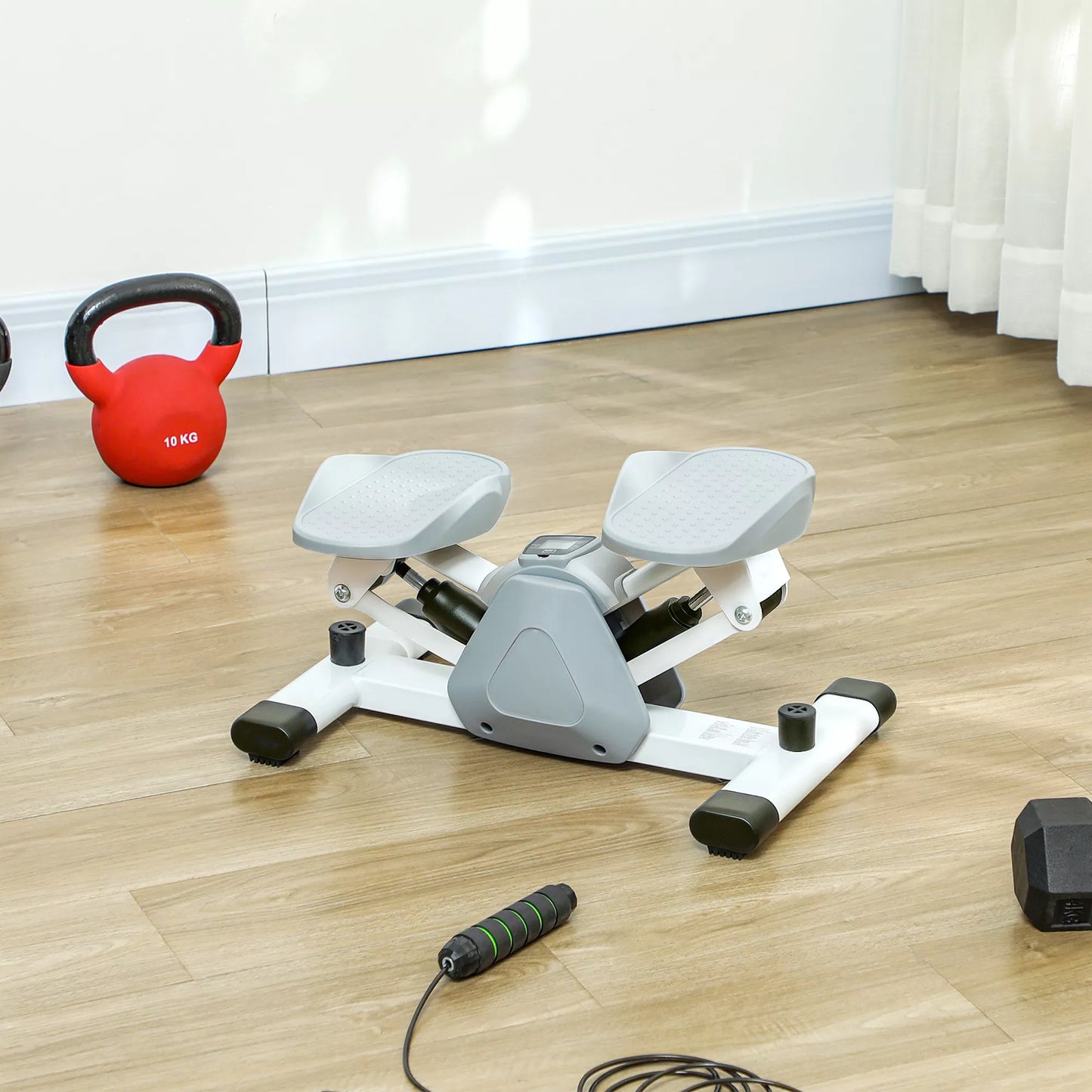 Mini steperis, treniruoklis treniruotėms ir fitneso pratimams, su LCD monitoriumi ir neslystančiais pedalais, pilkos spalvos