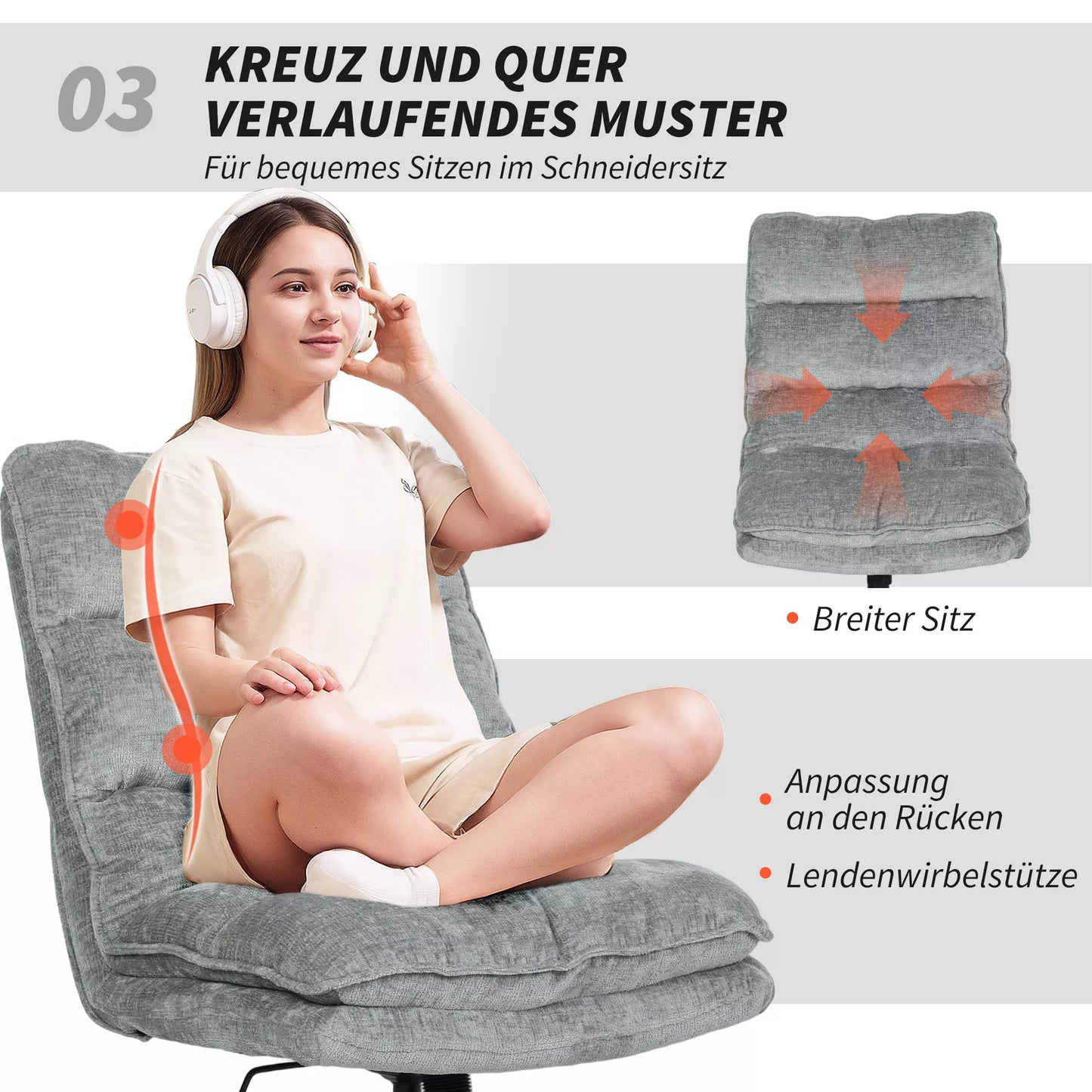 Besisukantis biuro krėslas be porankių, su minkštu audiniu, aukščio reguliavimo, plieninėmis kojomis, pilkos spalvos