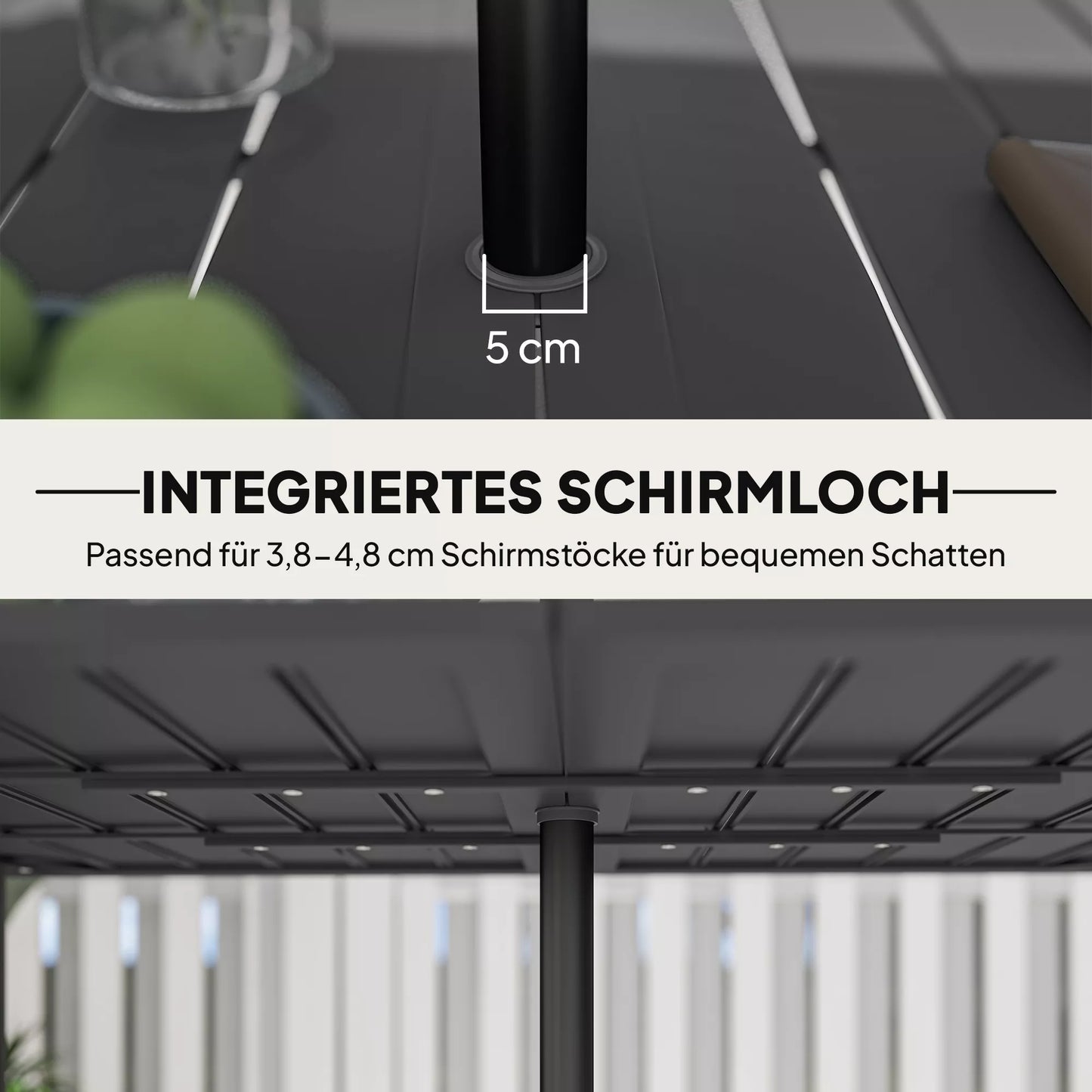 Sodo stalas 150x90 cm, atsparus atmosferos poveikiui, balkono stalas iš plieno, balkono stalas su skėčio skyle, juodos spalvos