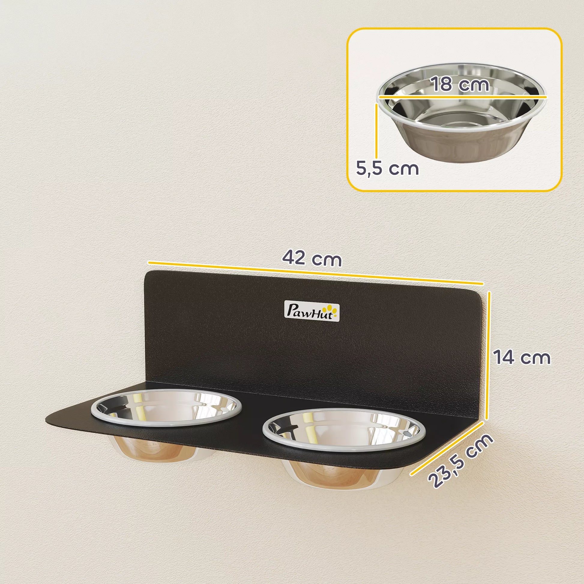 Šunų dubenėlis, reguliuojamas aukščio, tvirtinamas prie sienos, su 2 x 800 ml nerūdijančio plieno dubenėliais, 42 x 23,5 x 14 cm, juodas