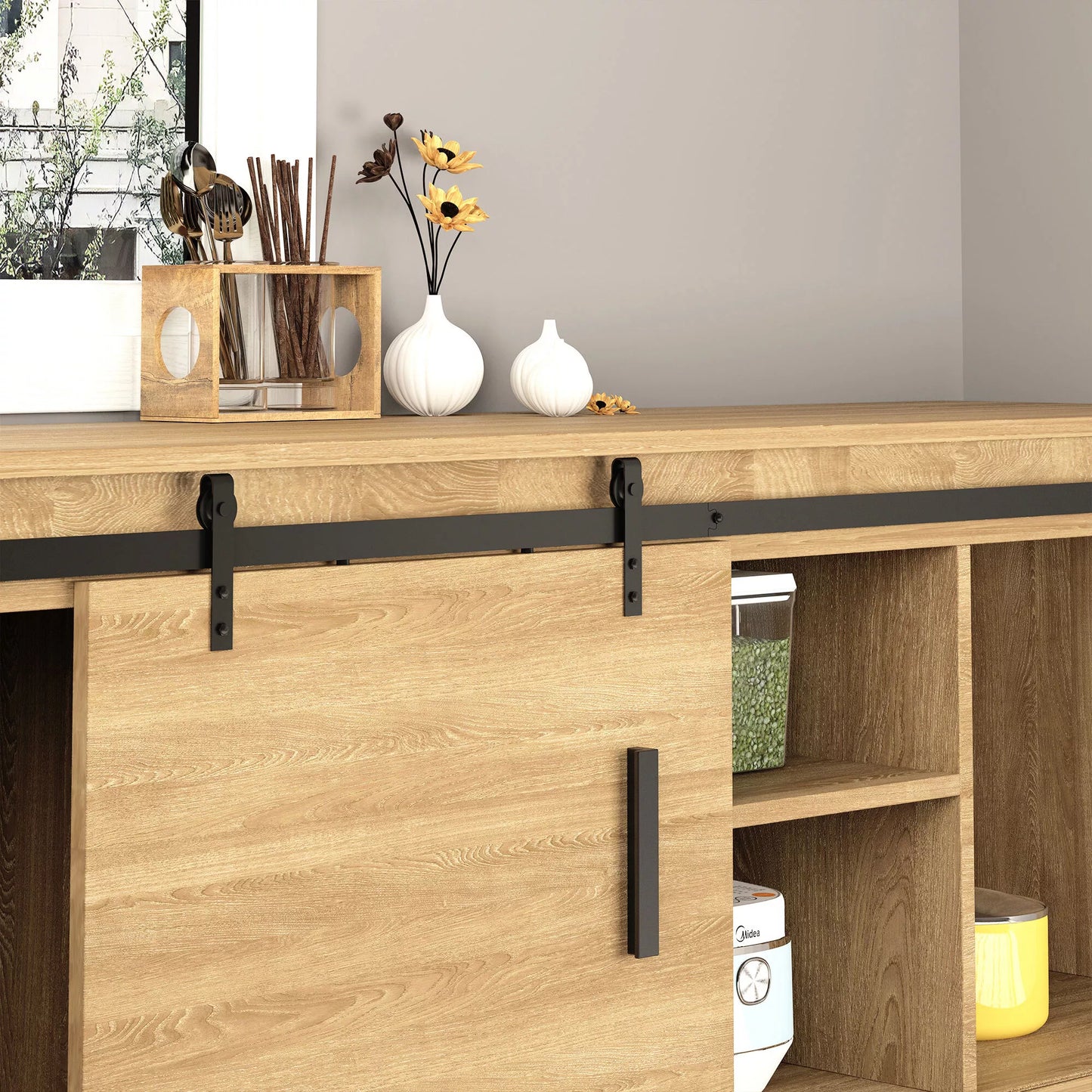 200 cm stumdomųjų durų komplektas su grindų kreipiančiąja, bėgeliais, voleliais, stumdomųjų durų sistema vienoms medinėms stumdomoms durims