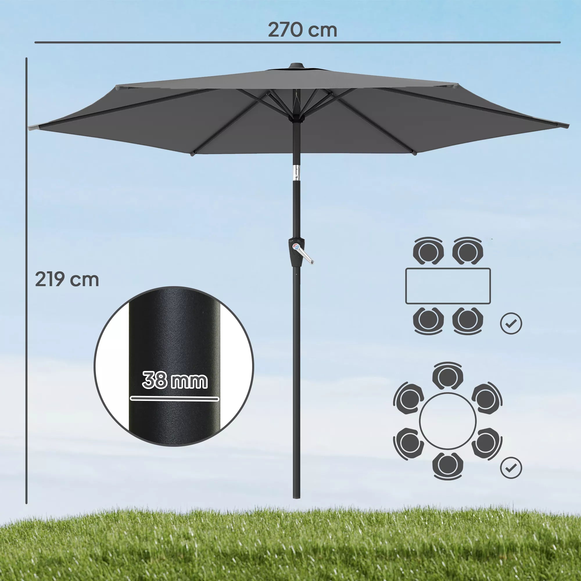 Skėtis nuo saulės 270 cm sulankstomas balkono skėtis su rankena UV 50+ sodo skėtis tamsiai pilkos spalvos
