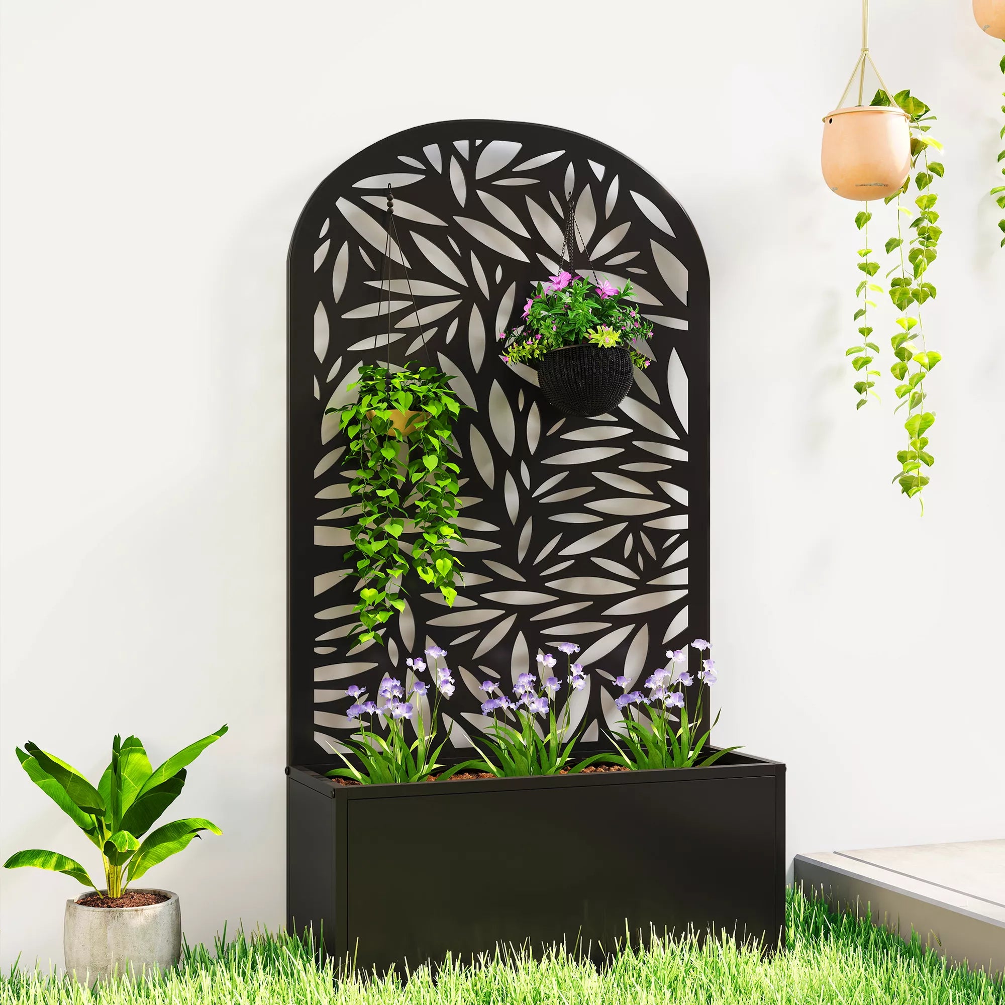 Pakelta lysvė su grotelėmis, metalinis vazonas su sienele tvirtinimui prie sienos arba pastatymui, plienas, 60x25x150 cm, antracito