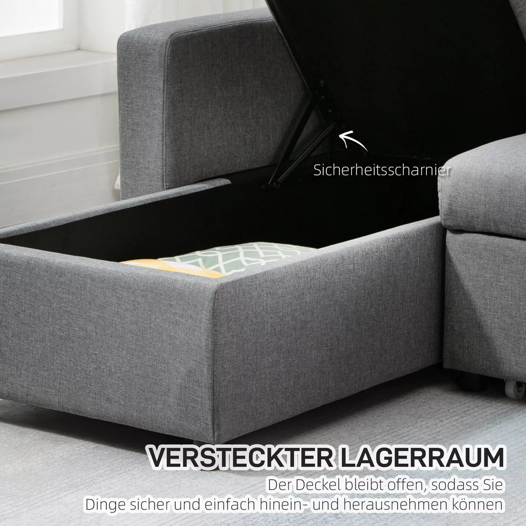 Kampinė sofa su miegojimo funkcija ir patalynės dėže, šviesiai pilka, 211,5 x 146 cm