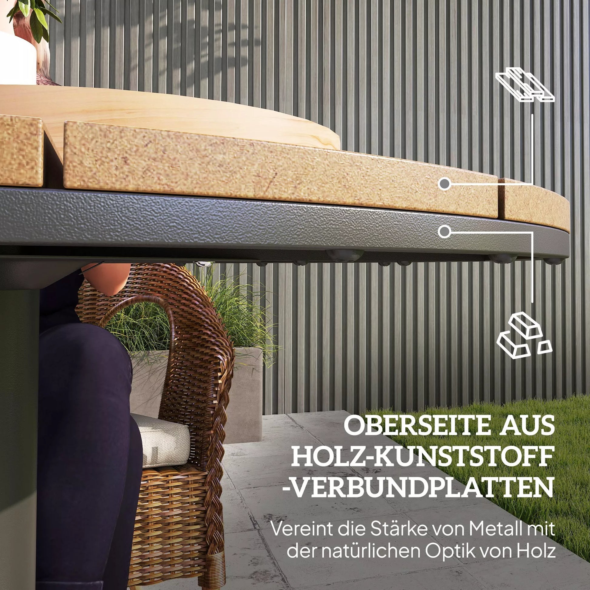 Sodo stalas Ø70 cm, atsparus atmosferos poveikiui Apvalus balkono stalas su lamelių dizainu, plienas Ø70 x 74H cm Natūralus medis