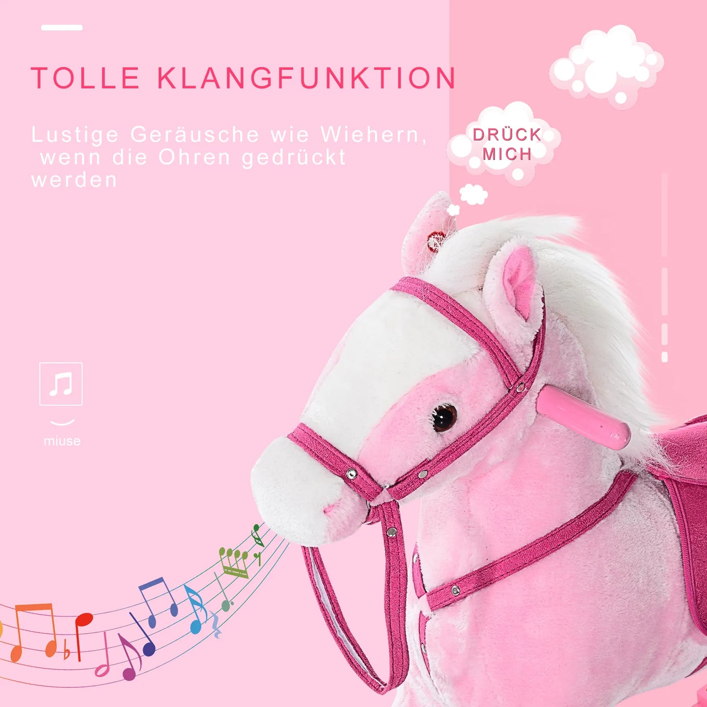 Supamas arkliukas su garso efektu, rankenėlėmis, pliušinis, kūdikio supamas žaislas, skirtas 3–6 metų vaikams