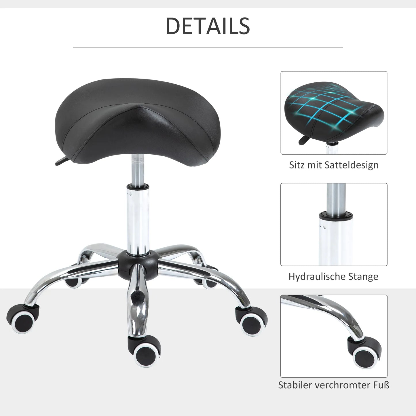 Reguliuojamo aukščio ratinė darbo kėdutė ant ratukų 49-61 cm, pasukama balninė kėdutė biurui, salonui, masažui, SPA, juoda