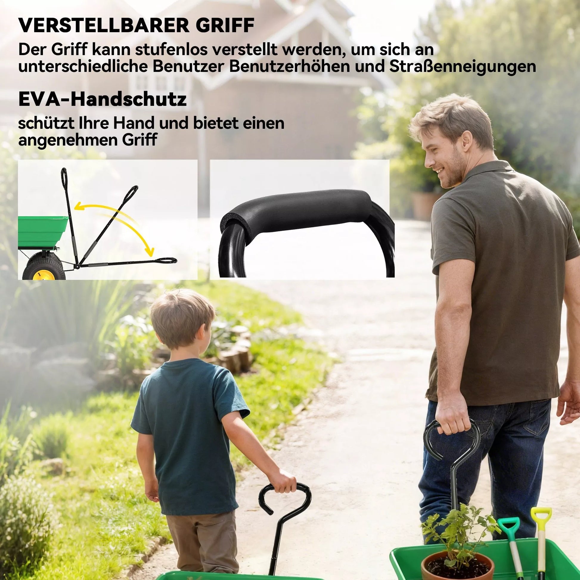 Sodo vežimėlis, su vertimo funkcija ir 75 litrų talpa, plastikas ir metalas, iki 200 kg, žalias