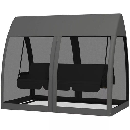 3 vietų terasos sūpynės, verandoje naudojamos sūpynės su lovos funkcija, Holivudo sūpynės su moskitų tinkleliu ir plieniniu rėmu, pilkos spalvos