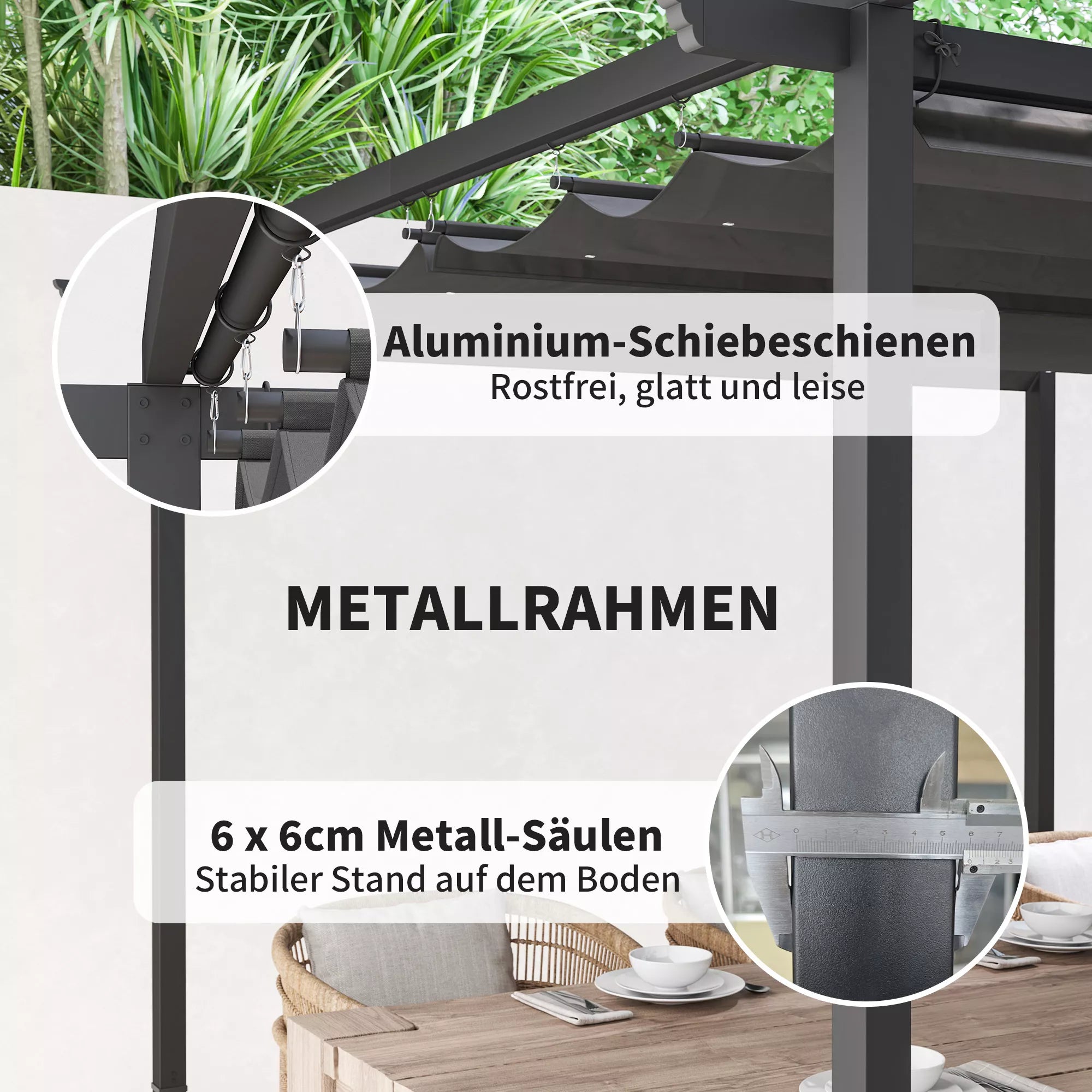 3 x 3 m sodo pergola su reguliuojamu stogu, metaliniu rėmu, UPF30+ apsauga, saulės stogu verandoje, terasoje, tamsiai pilka
