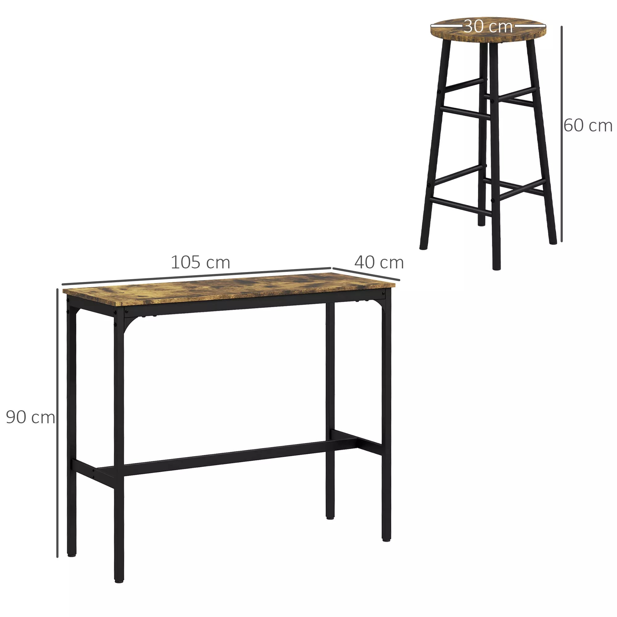 Baro komplekto matmenų schema: stalas 105 cm