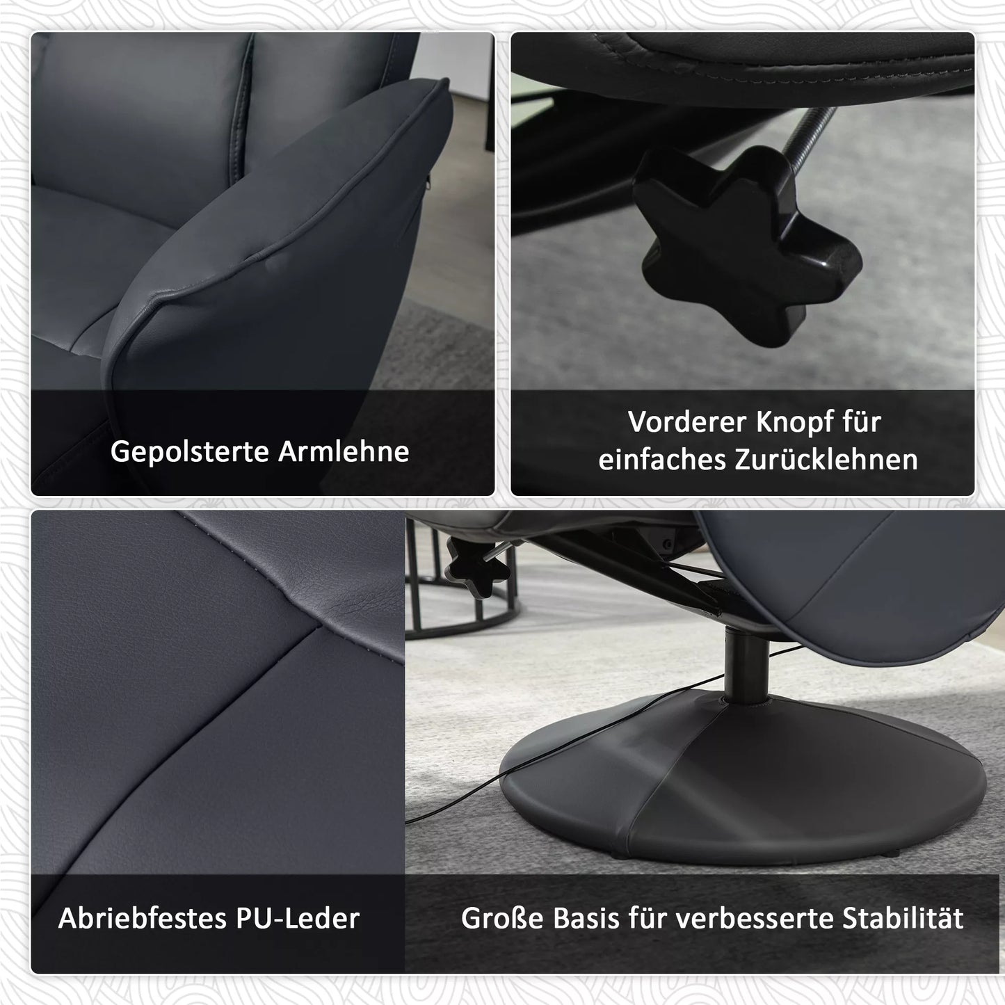 Masažinė kėdė su pėdų atrama, Ergonomiška kėdė su 10 vibracijos taškų, dirbtinė oda, 76 x 81 x 105 cm, tamsiai pilka