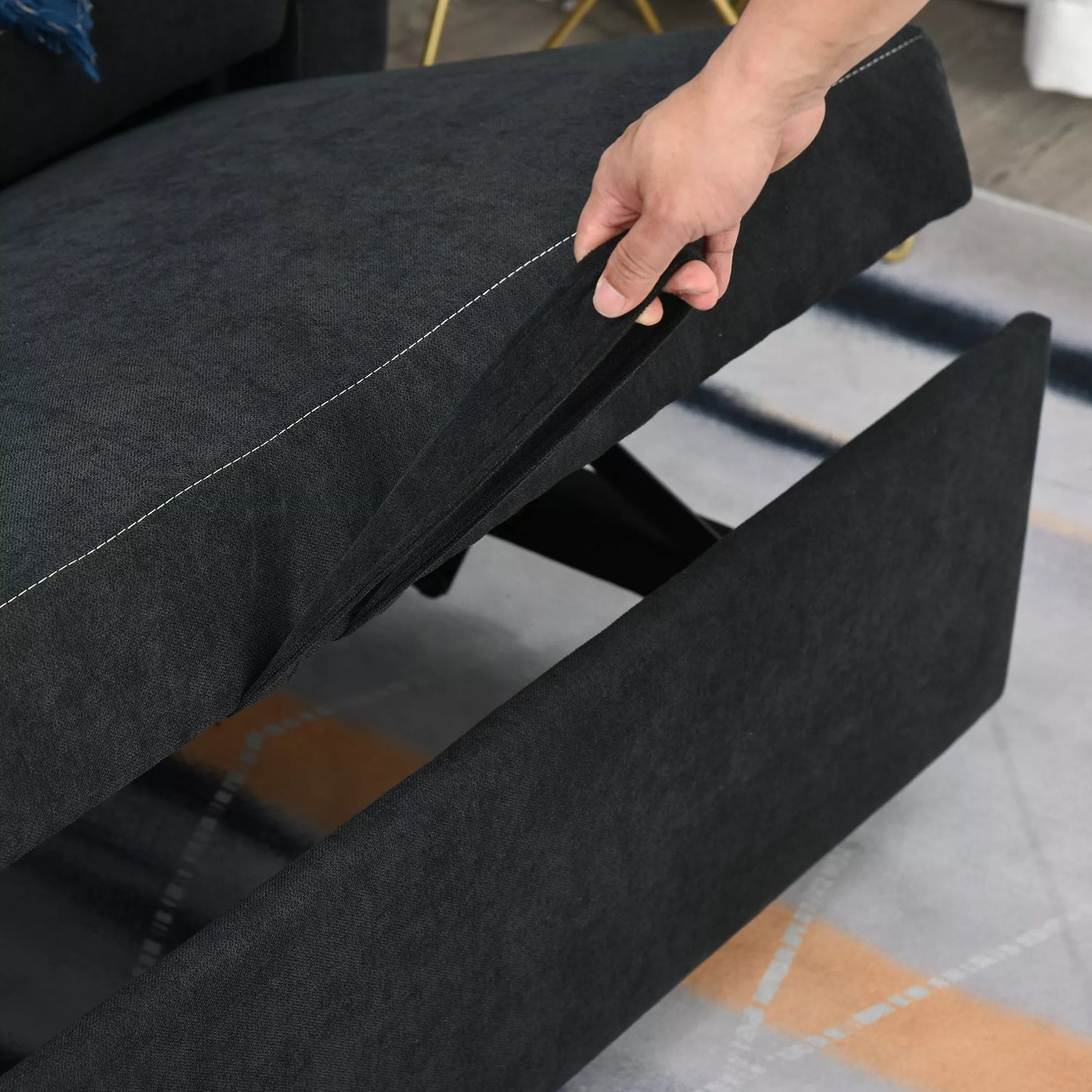 Dvivietė sofa su miegojimo funkcija, reguliuojama atlošas, minkšta sofa, aksomo išvaizda, skirta svetainei, miegamajam, juoda