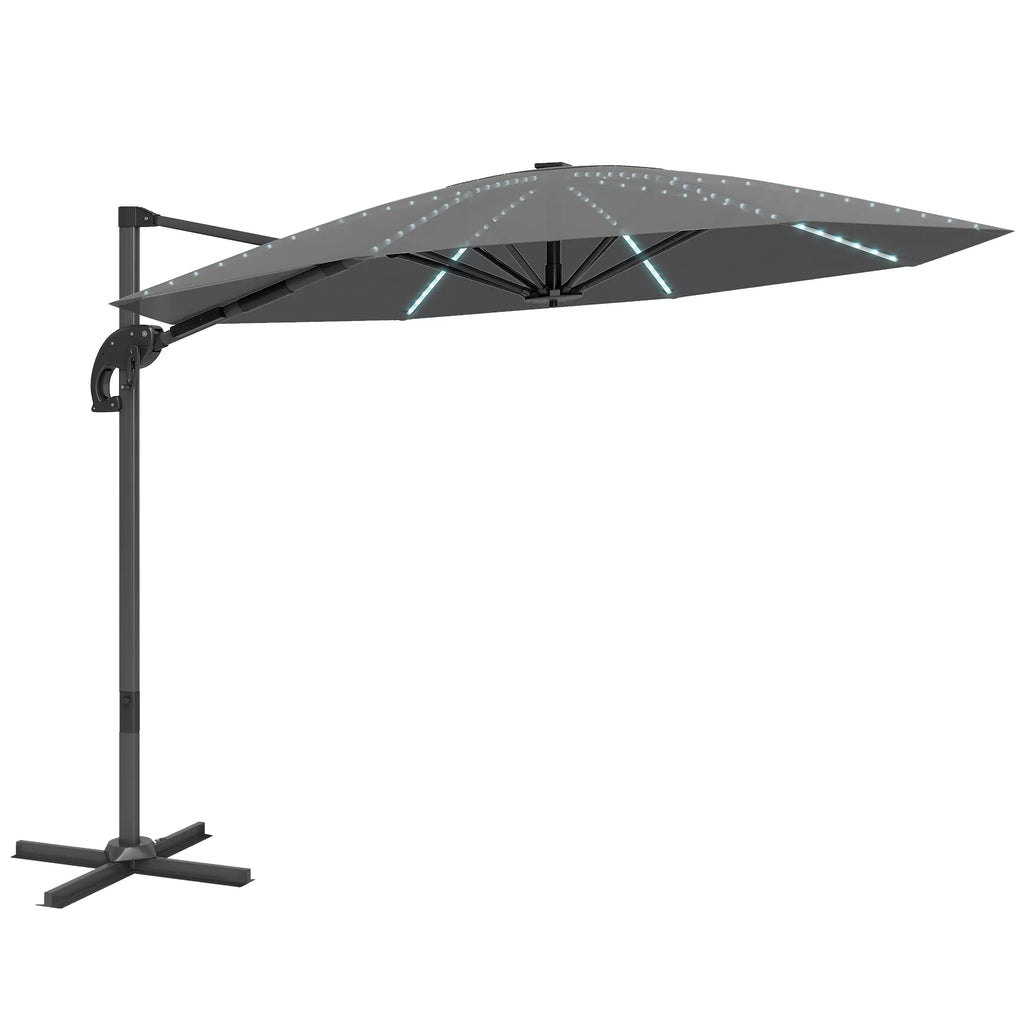 Alu Pastatomas skėtis su LED Saulės energija Ø300 cm, reguliuojamo aukščio, su rankenėle, UV50+ tamsiai pilkos spalvos