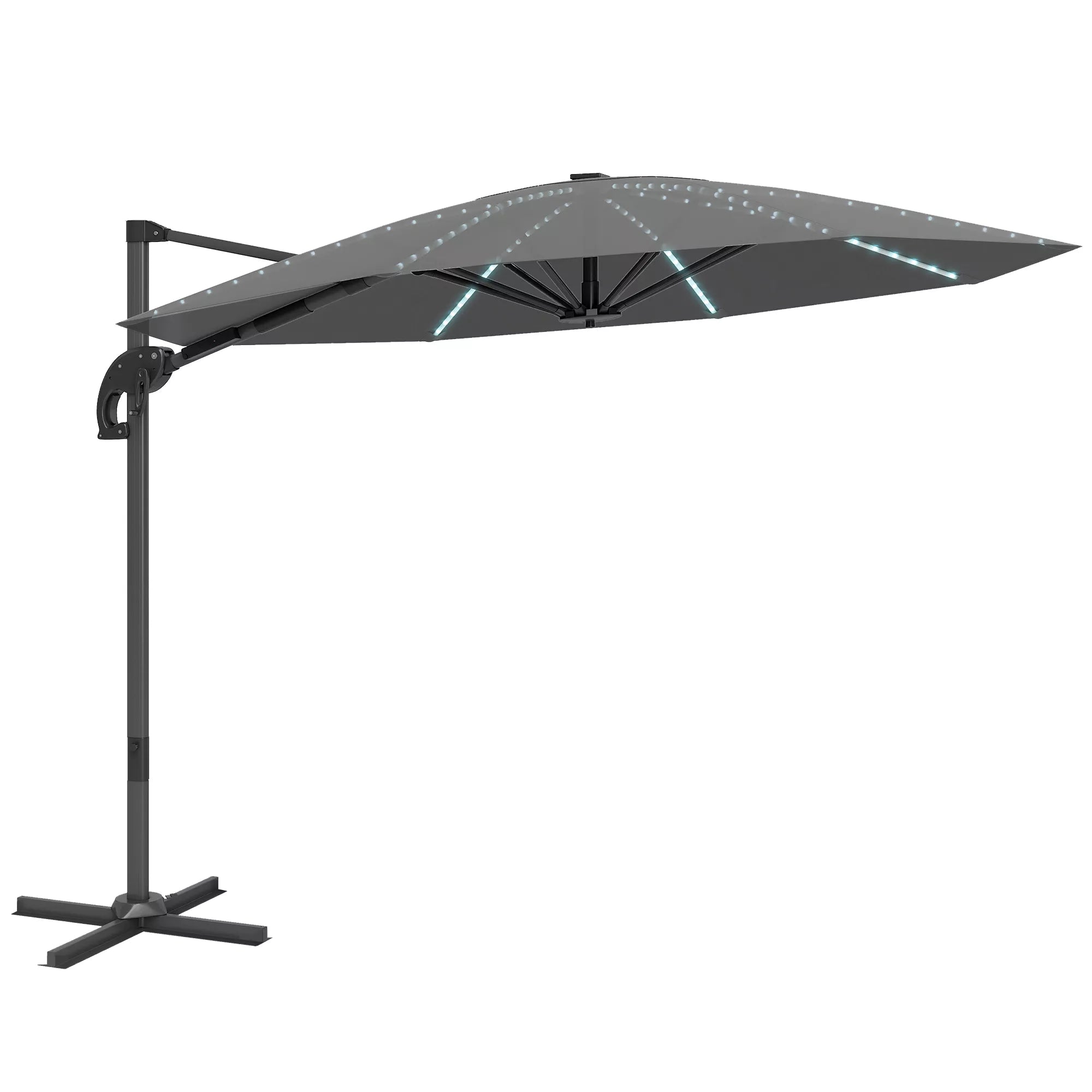 Alu Pastatomas skėtis su LED Saulės energija Ø300 cm, reguliuojamo aukščio, su rankenėle, UV50+ tamsiai pilkos spalvos