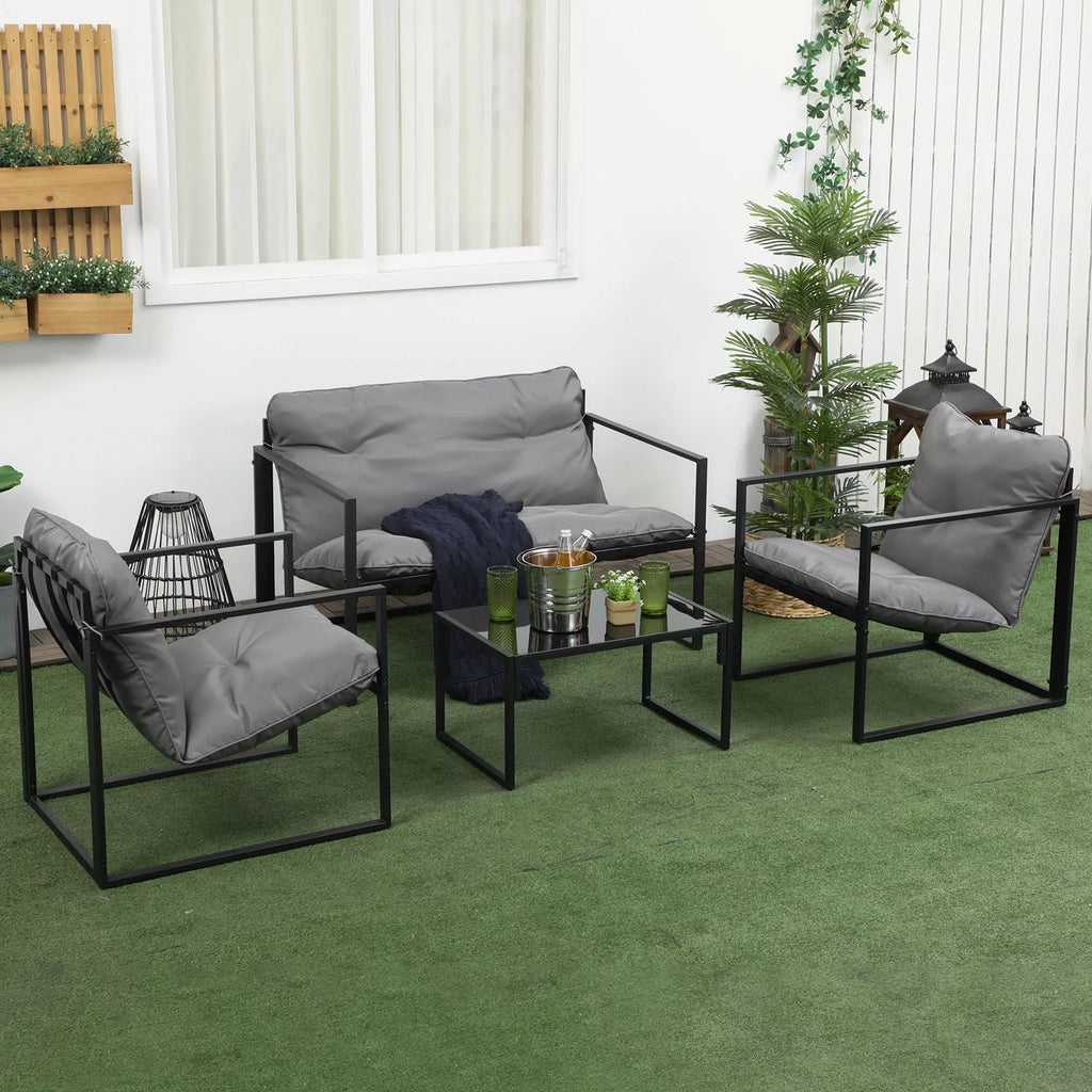 Sodo baldų komplektas: 1 stiklinis stalas, 2 foteliai, 1 sofa, atsparus oro sąlygoms, 114 cm x 70 cm x 67 cm, pilkos ir juodos spalvos
