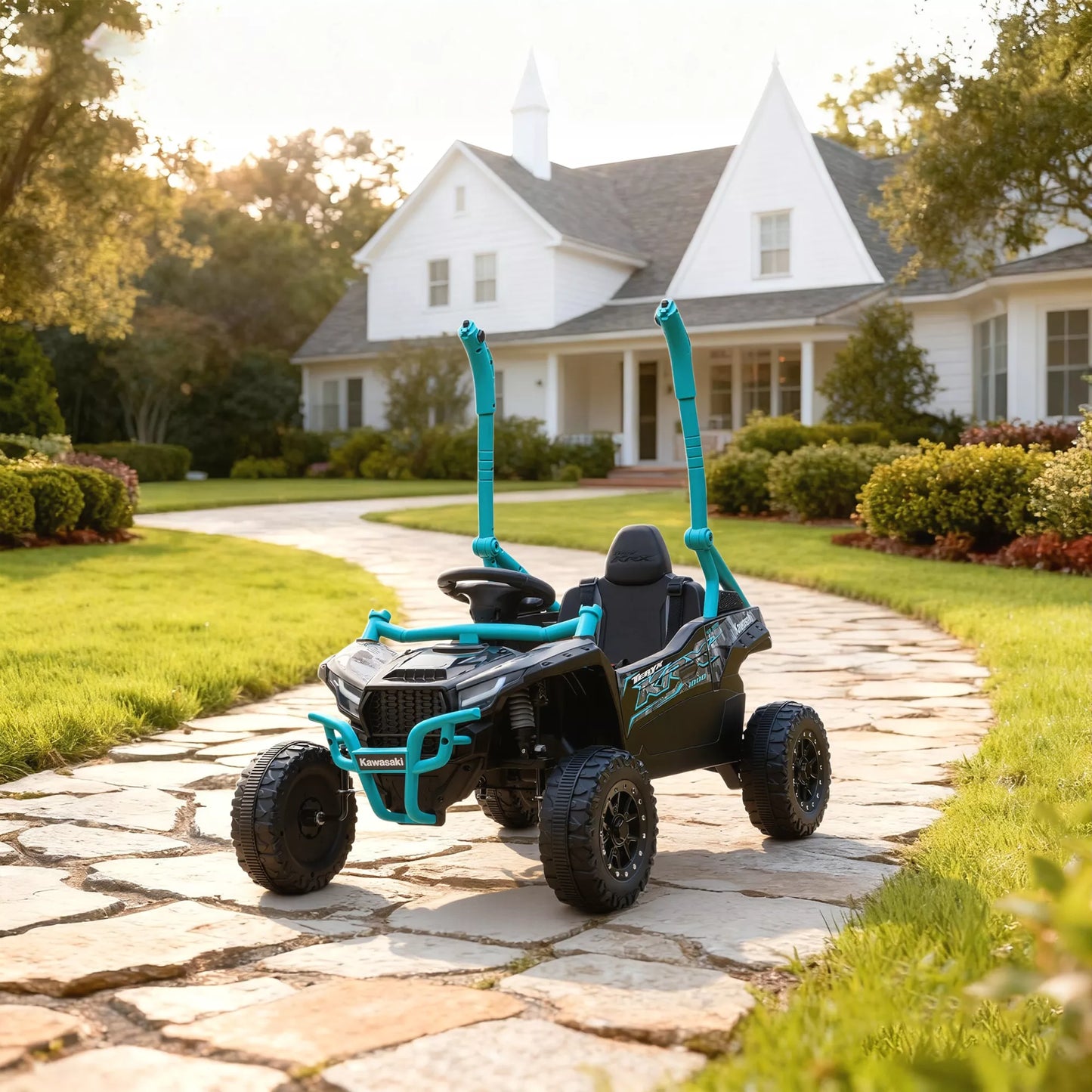 12V Elektrinis visureigis vaikams, nuotolinio valdymo pultas, LED žibintai, muzika, garso signalas, skirtas vaikams nuo 3-8 metų, mėlynas