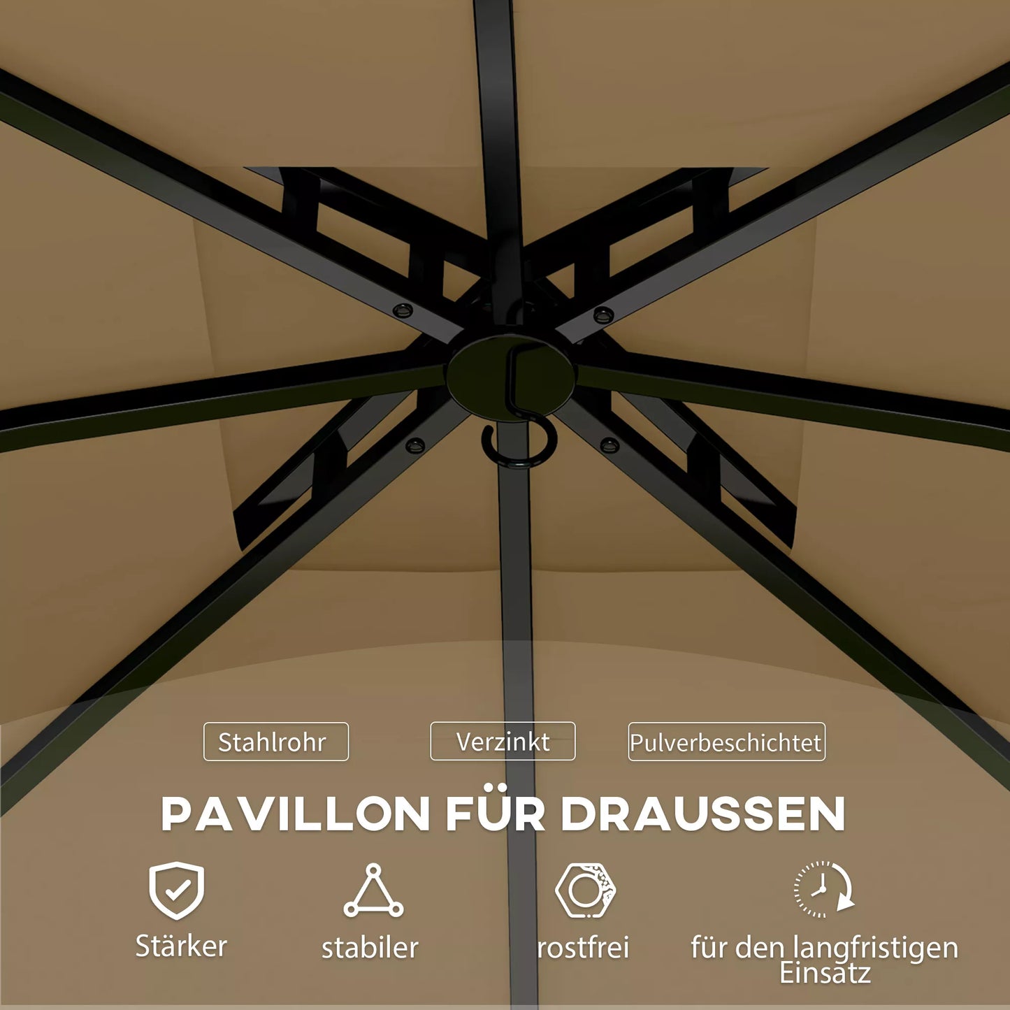 3,4 x 3,4 m Sodo pavėsinė, palapinė su ventiliuojamu stogu, arkiniais langais, plieniniu rėmu, smėlio spalvos