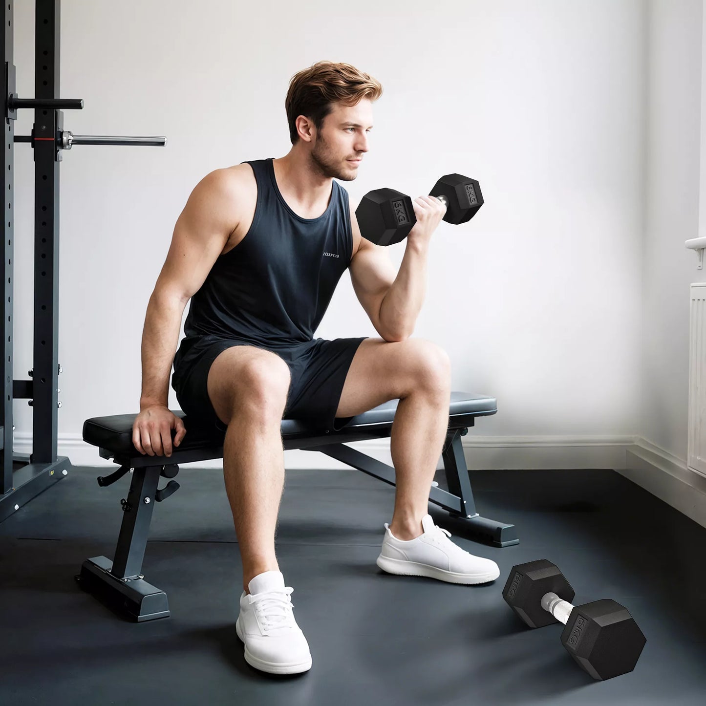 HOMCOM Šešiakampės hantelių, 2 vnt. rinkinys su rifliuota rankena, ketaus hantelių rinkinys, 2 x 6 kg, hanteliai vyrams ir moterims, namams, sporto salei, jėgos treniruotėms