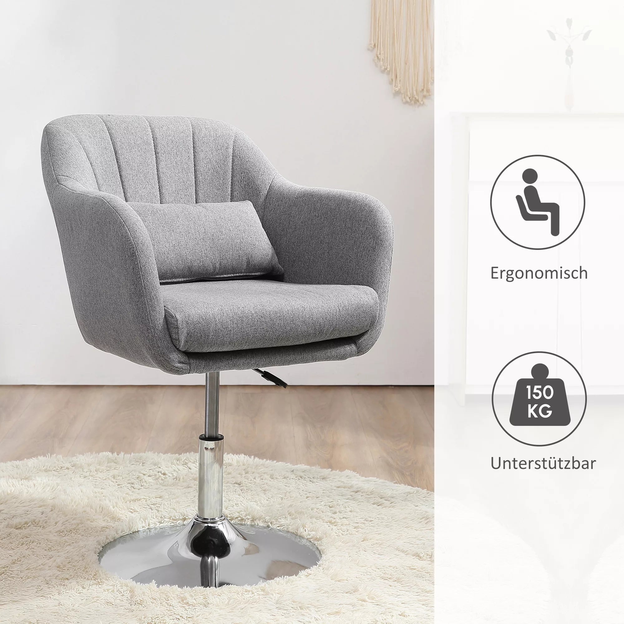 Pilkas ergonomiškas krėslas ant chromuoto metalinio pagrindo