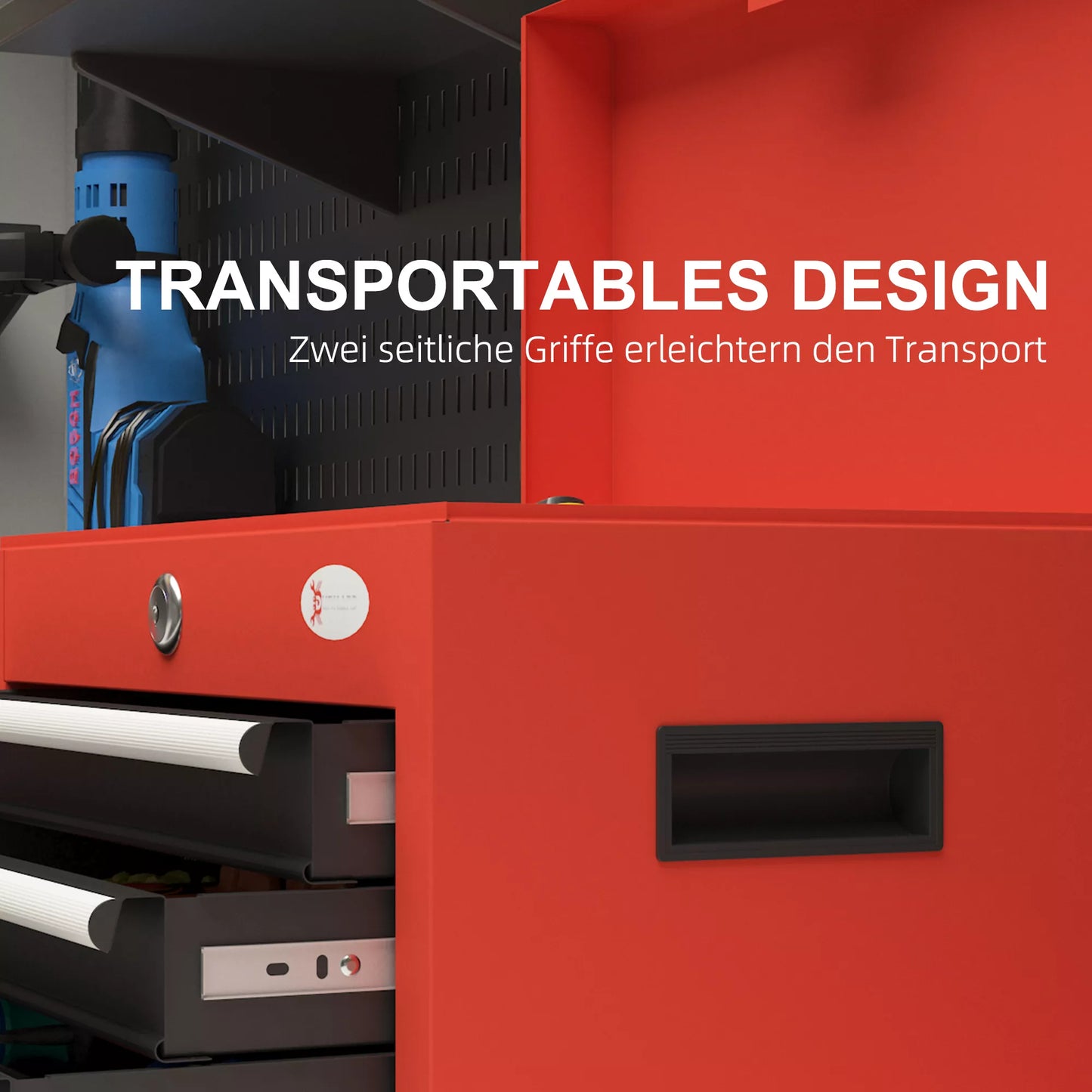 DURHAND įrankių vežimėlis, su užraktu, 2 raktais, 45 cm x 24,5 cm x 32,5 cm, Raudonas