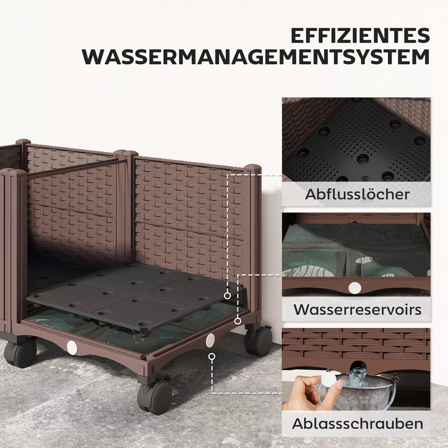 Plastikinė aukšta lysvė, savaiminio laistymo vazonas su drenažo skylėmis ir kamščiais