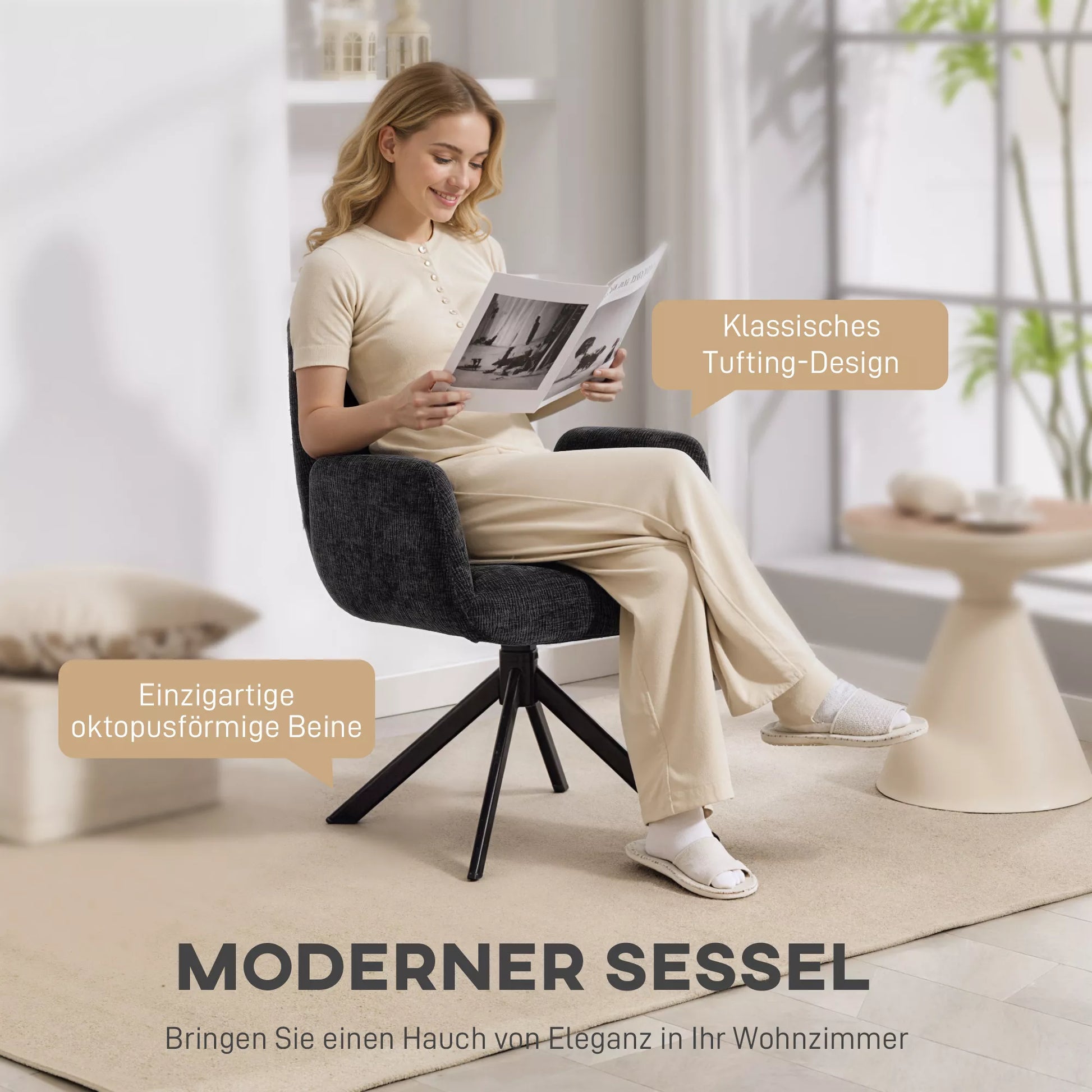 Minkštas fotelis, akcentinis fotelis, modernus dizainas, sukamasis, iki 120 kg, juodas