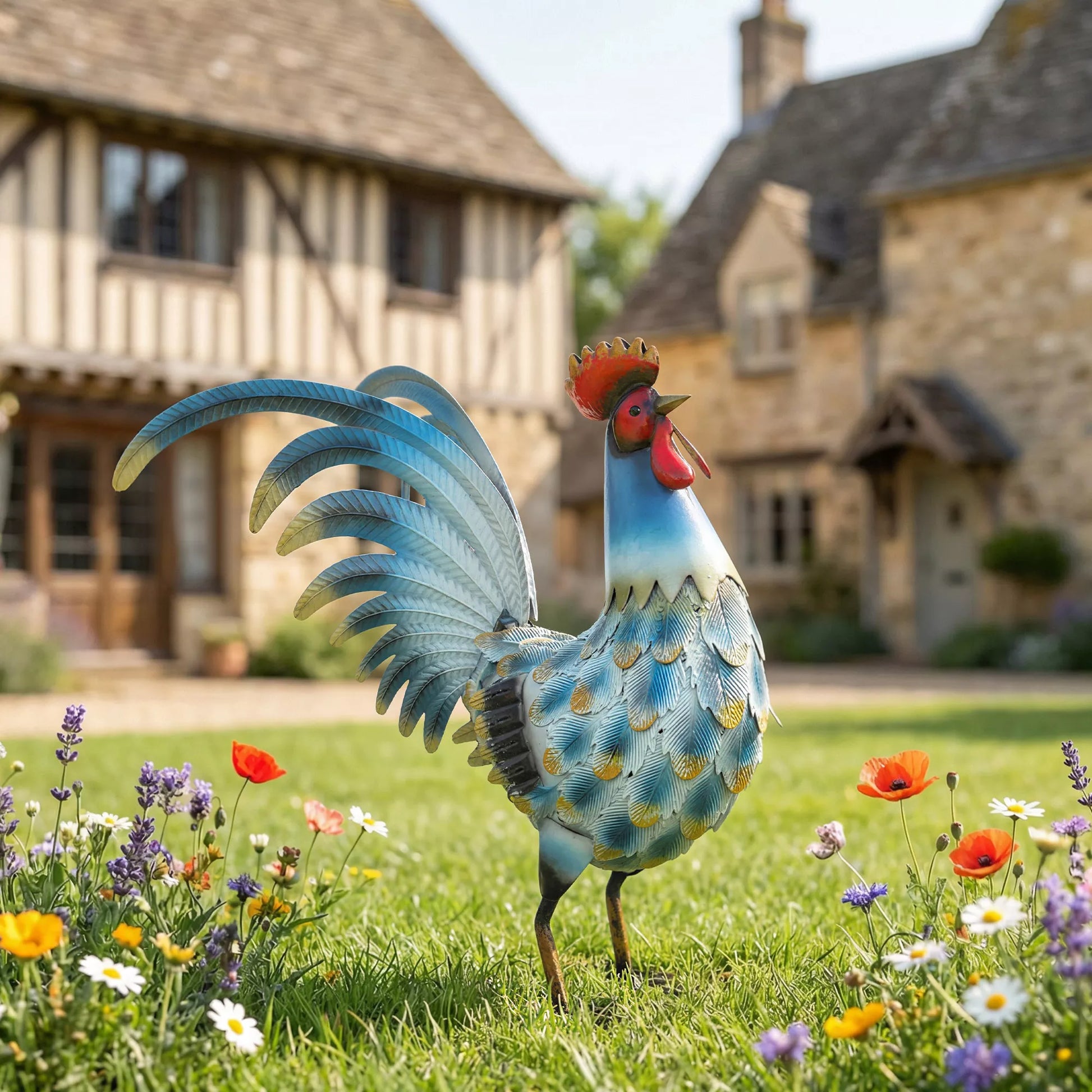 Gaidžio sodo statula, metalinė sodo figūra, 41 cm aukščio gaidžio skulptūra su tvirtinimo elementais, įvairių spalvų