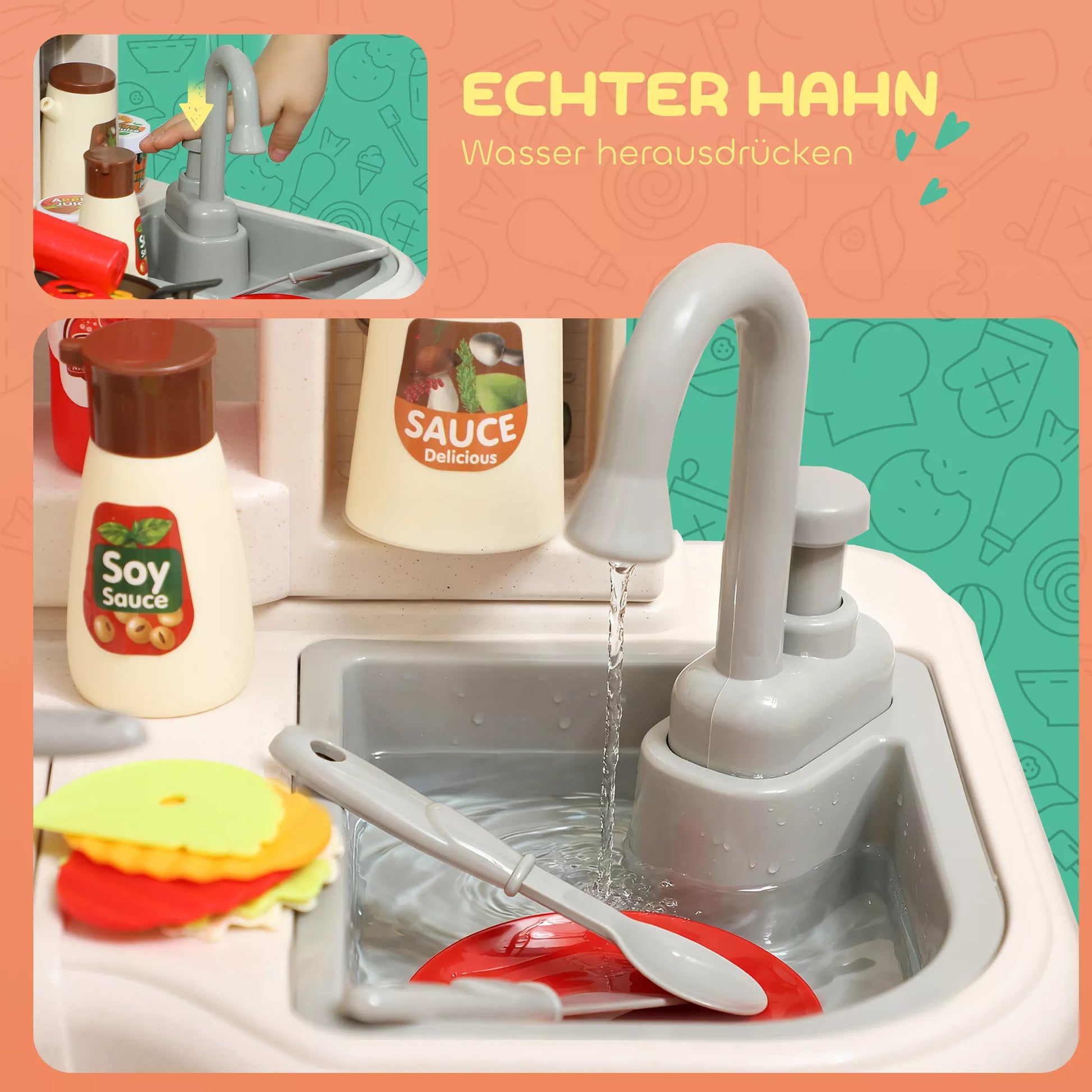 92 dalių virtuvės rinkinys vaikams, vandens čiaupas, plastikas, 3–6 metai, žalias