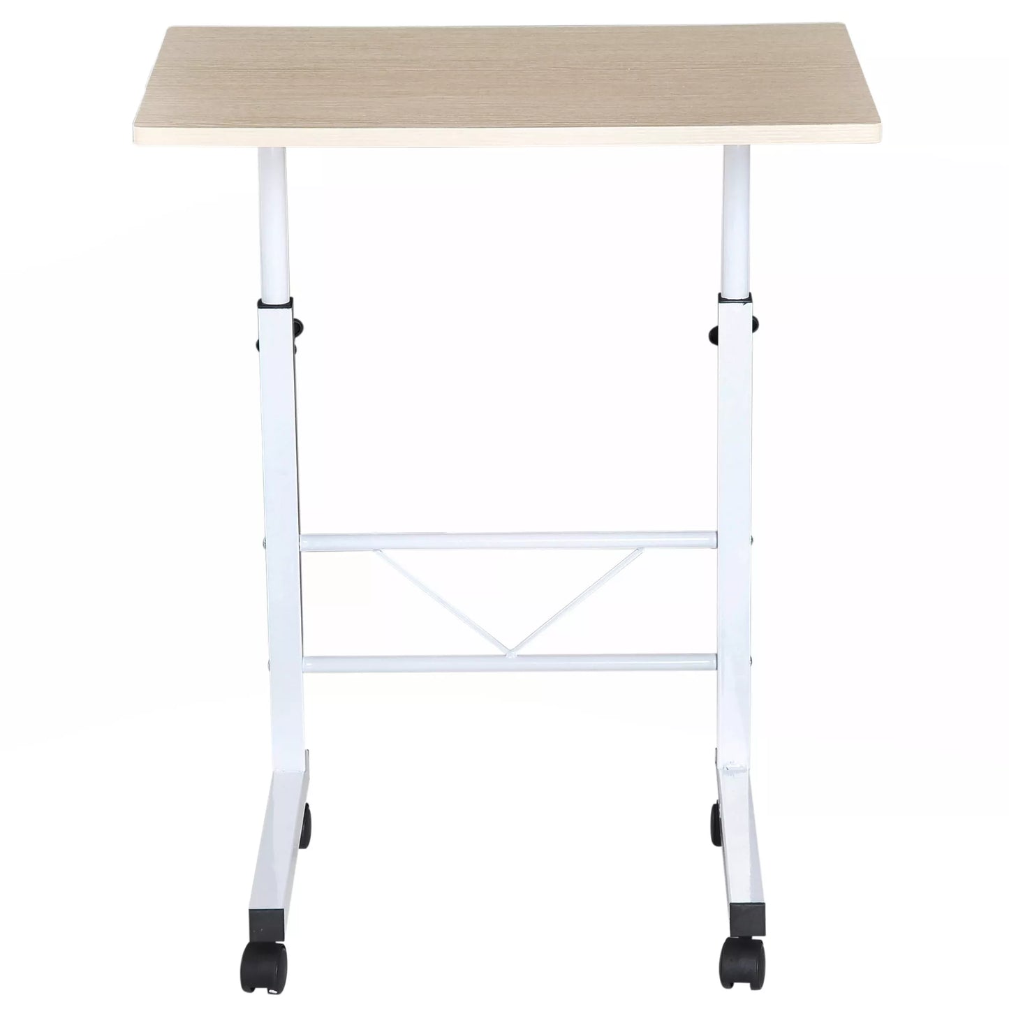 Reguliuojamo aukščio C formos staliukas ant ratukų su fiksavimo stabdžiais, mobilus staliukas prie sofos/lovos, medžio drožlių plokštės, plieno, geležies, plastiko, balta klevo spalva, 60 x 40 x 68-78 cm