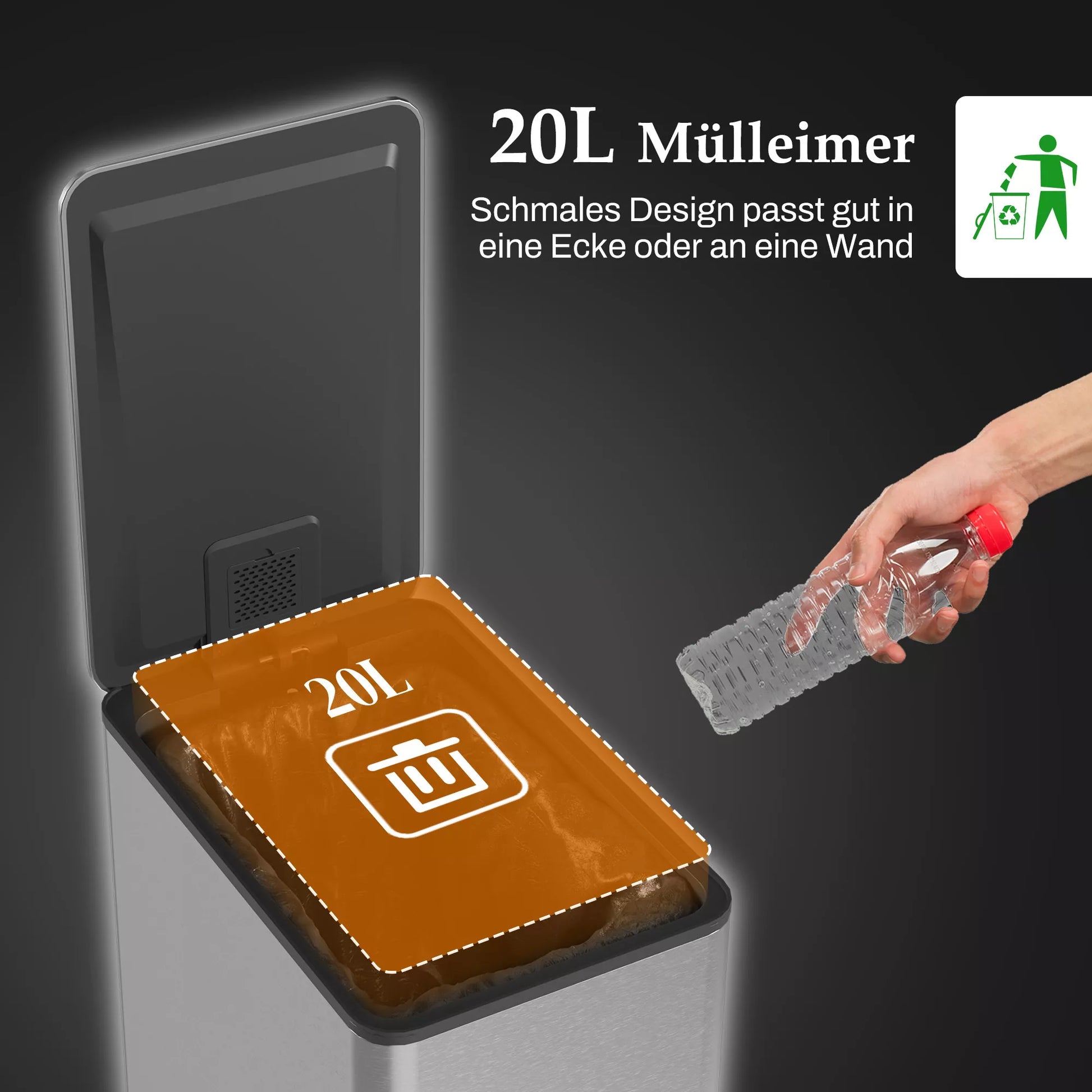 Šiukšliadėžė 20L, švelnaus uždarymo dangtis, su dezodoranto skyreliu, atspari pirštų atspaudams, nerūdijantis plienas, sidabrinė