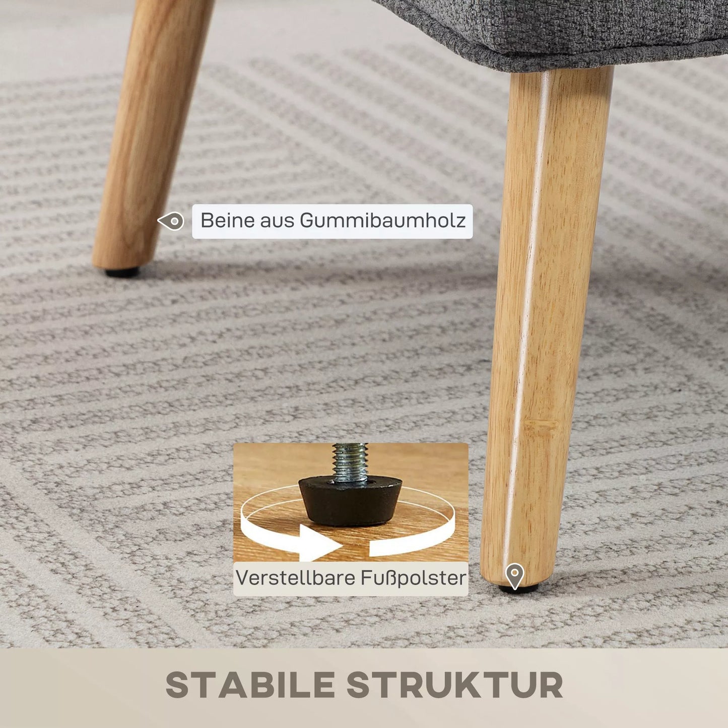 Dvivietė sofa svetainei su sparnuotu atlošu, minkštasuoli, šenilas ir mediena, 126x75x79 cm, pilka