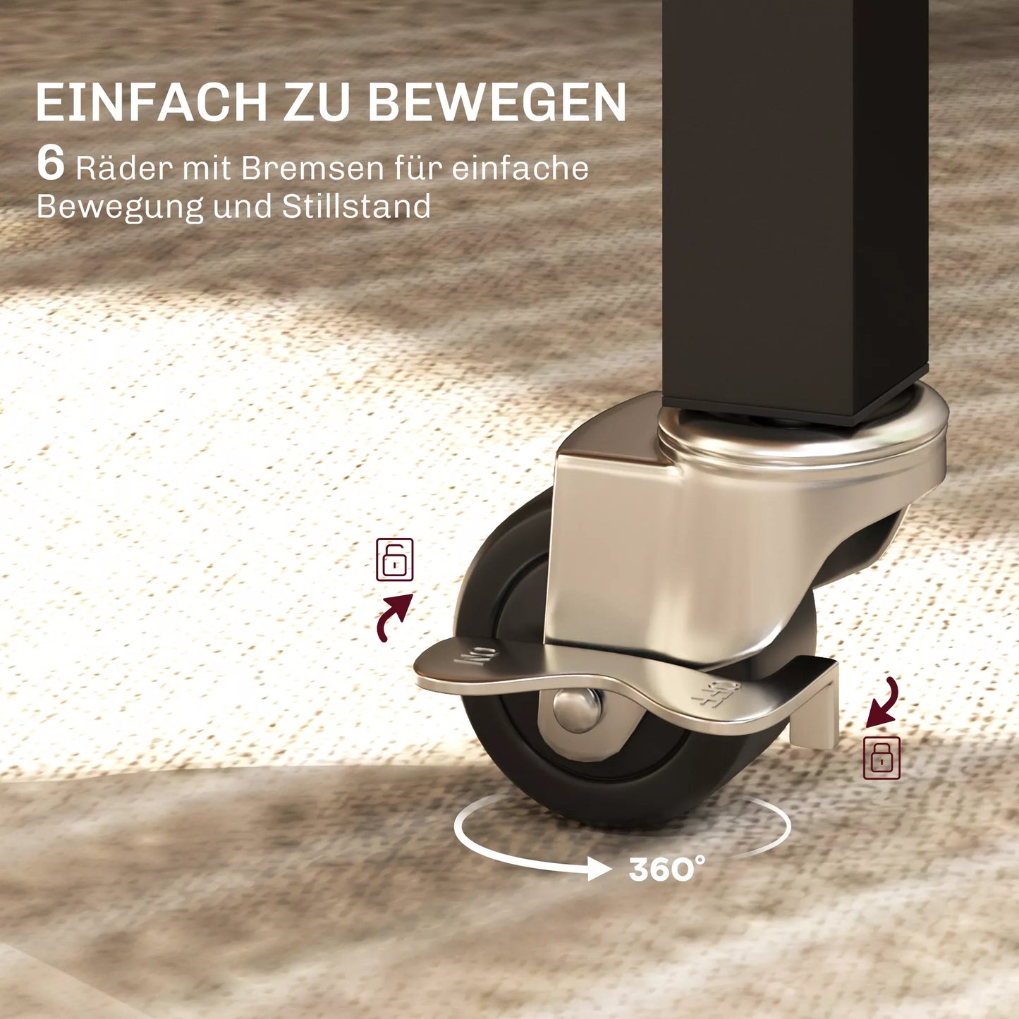 Sulankstomas valgomojo stalas, tinkamas iki 6 žmonių, su 6 ratukais ir stabdžiais, skirtas mažoms erdvėms, rudos spalvos.