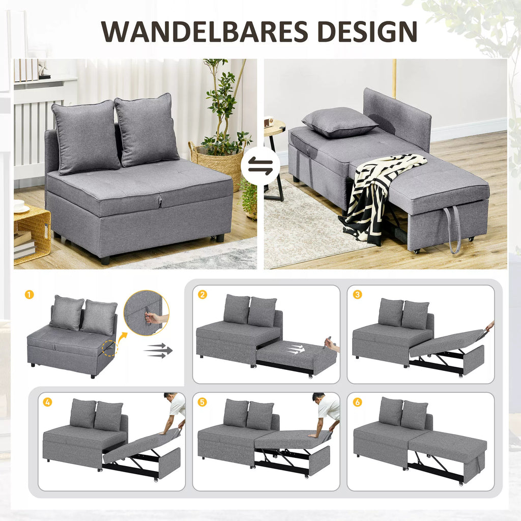 Miegamoji sofa-lova, 2 vietų fotelis su miegojimo funkcija, sulankstomas minkštasuolis su 2 pagalvėlėmis, su lino imitacijos apmušalu, tamsiai pilka