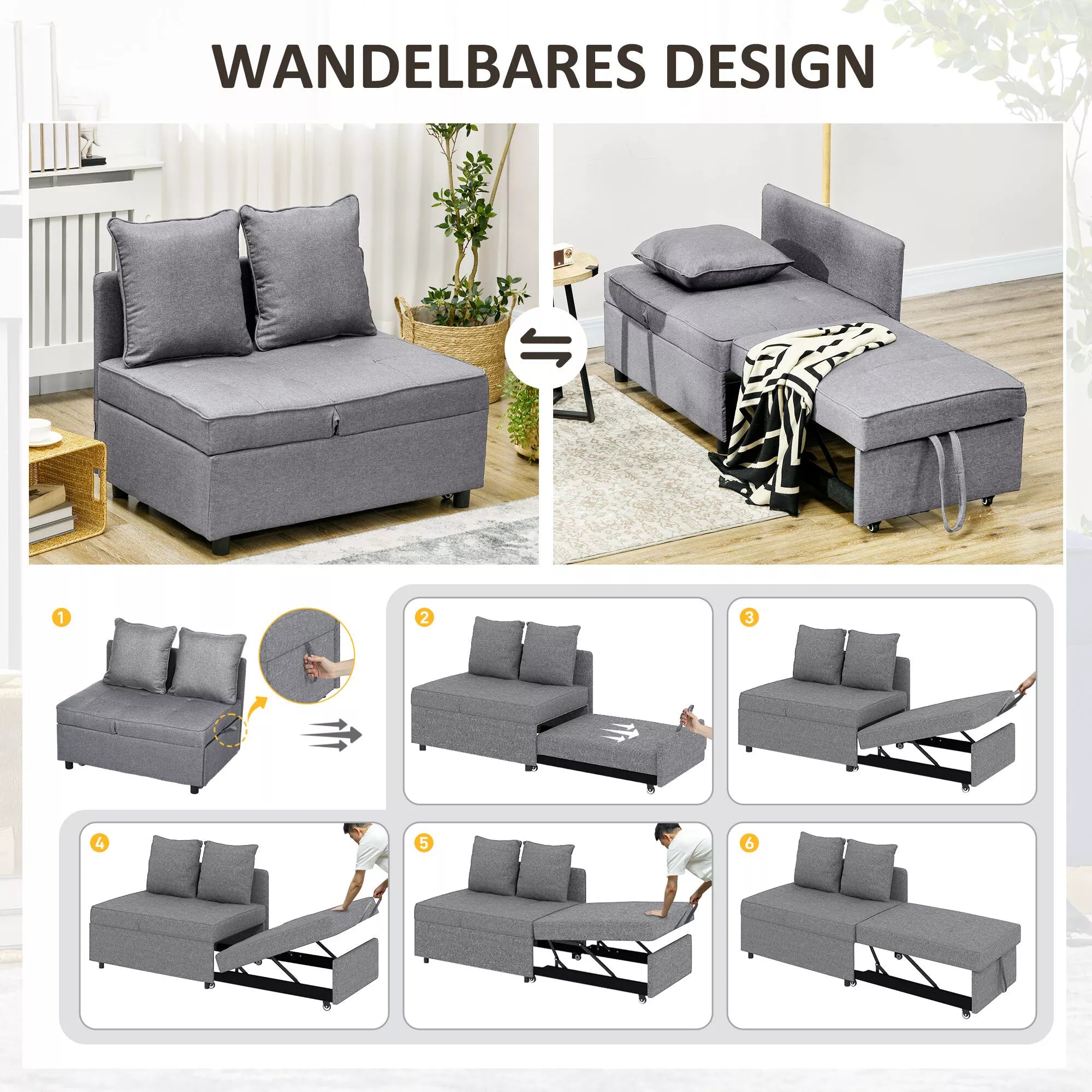 Miegamoji sofa-lova, 2 vietų fotelis su miegojimo funkcija, sulankstomas minkštasuolis su 2 pagalvėlėmis, su lino imitacijos apmušalu, tamsiai pilka